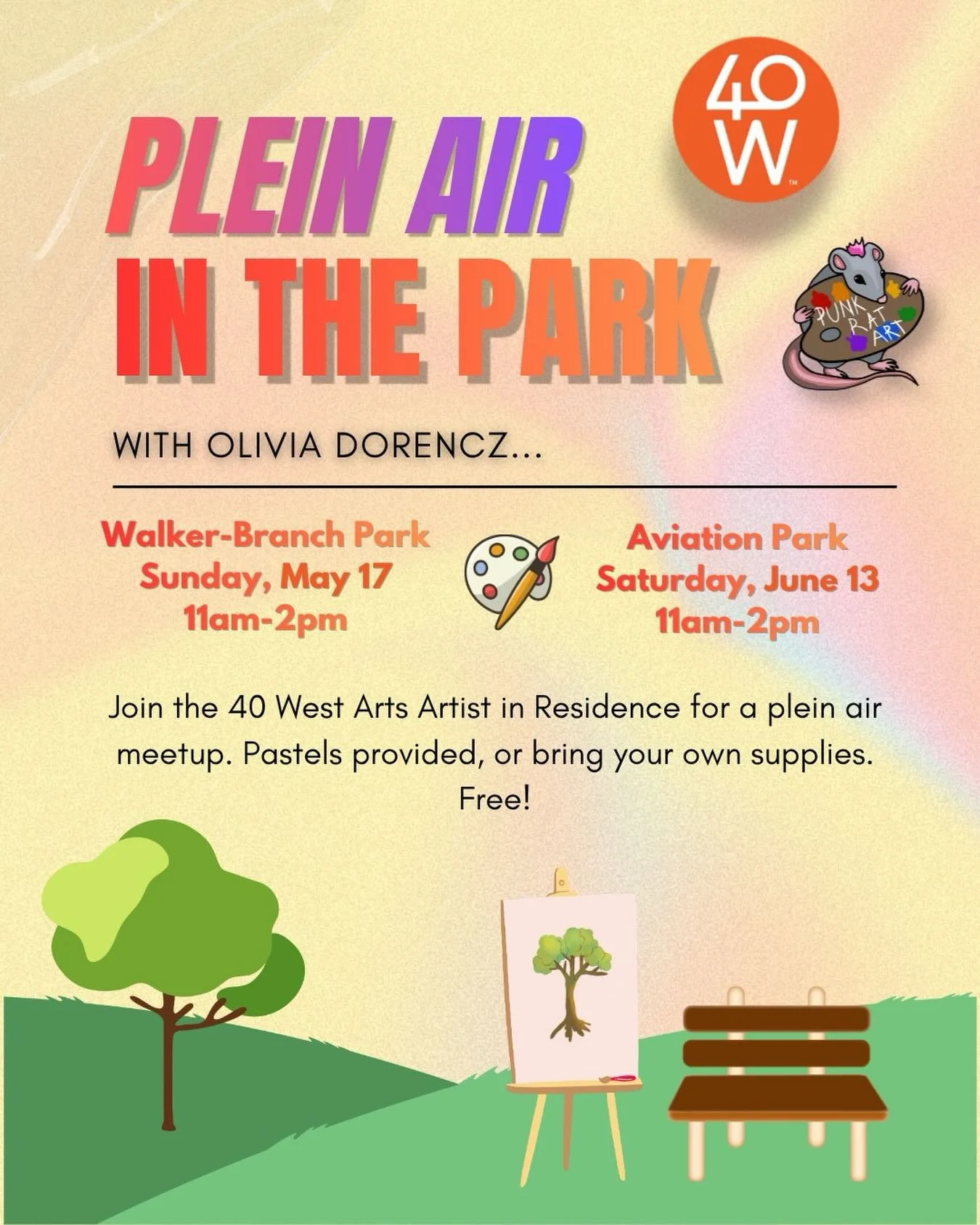 Fresh air. Open canvas. No rules.🧡

40 West Arts Artist in Residence Olivia Dorencz is hosting free plein air painting meetups this spring and all are welcome. Join her at Walker-Branch Park on May 17 or Aviation Park on June 13, both from 11am to 2