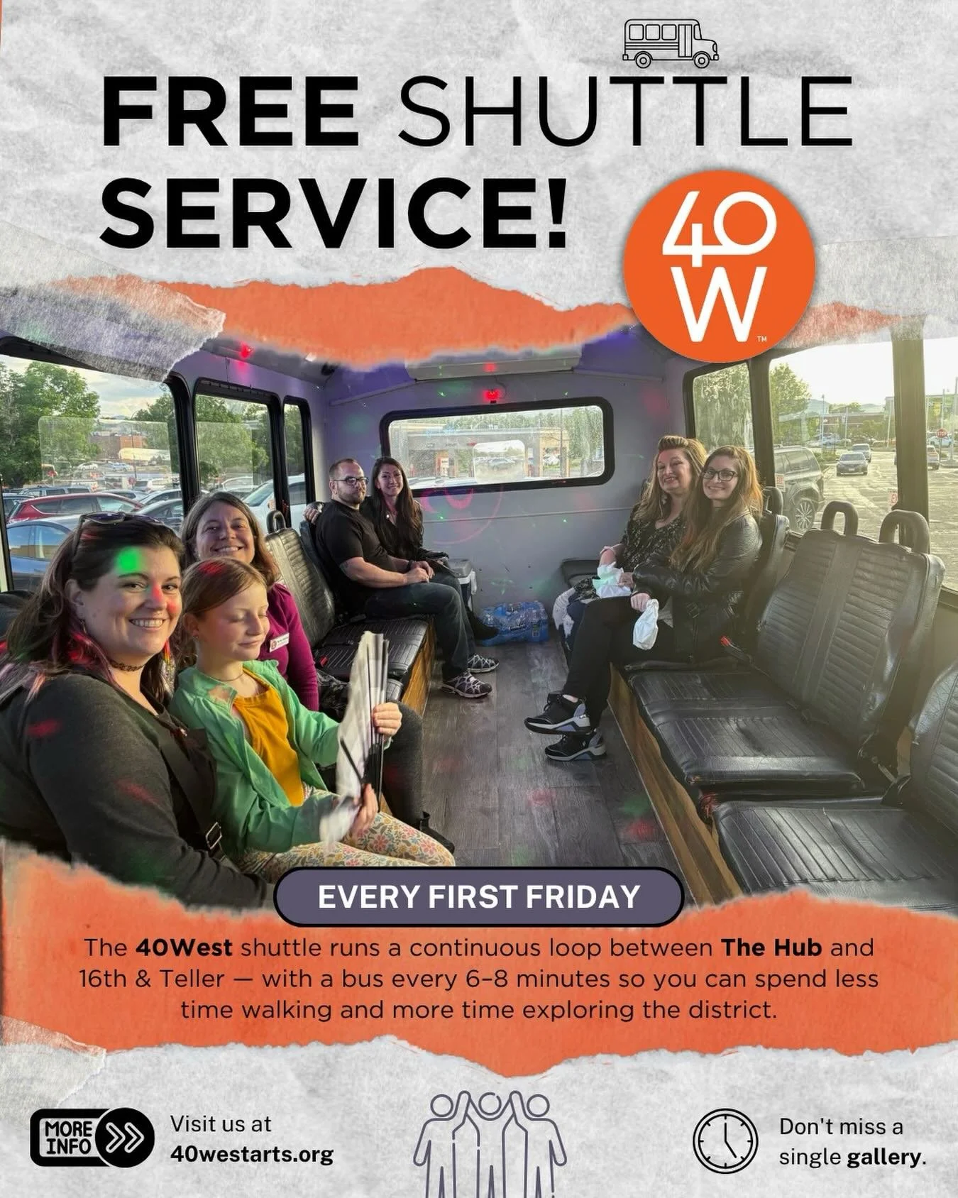 No need to walk across the district... 
Just hop on and explore🚌

The free 40West shuttle makes it easy to hit every gallery, every First Friday, without skipping a beat🧡

See you tonight!