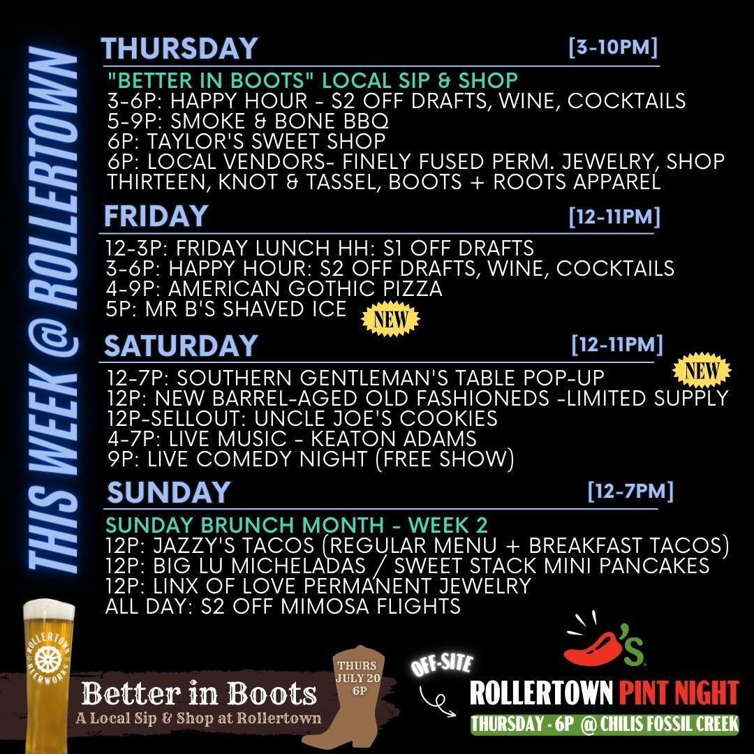 It's always a party at Rollertown, and this week is no exception. There will be a sip and shop, a plethora of food trucks, live music, comedy night, Sunday Brunch (helllloooo breakfast tacos by Jazzy's Tacos!!), an off-site pint night at Chili's, and