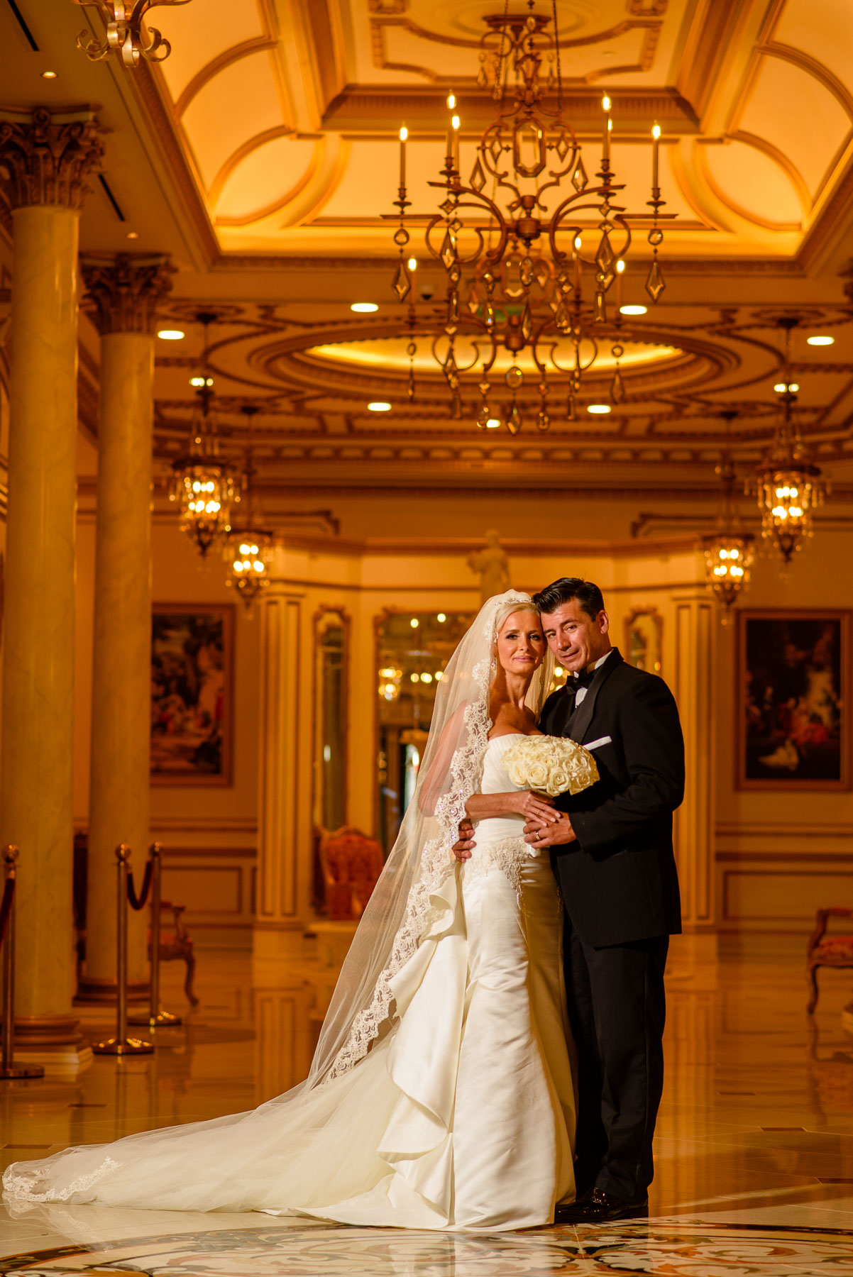 The Legacy Castle Wedding bride and groom portrait in hallway