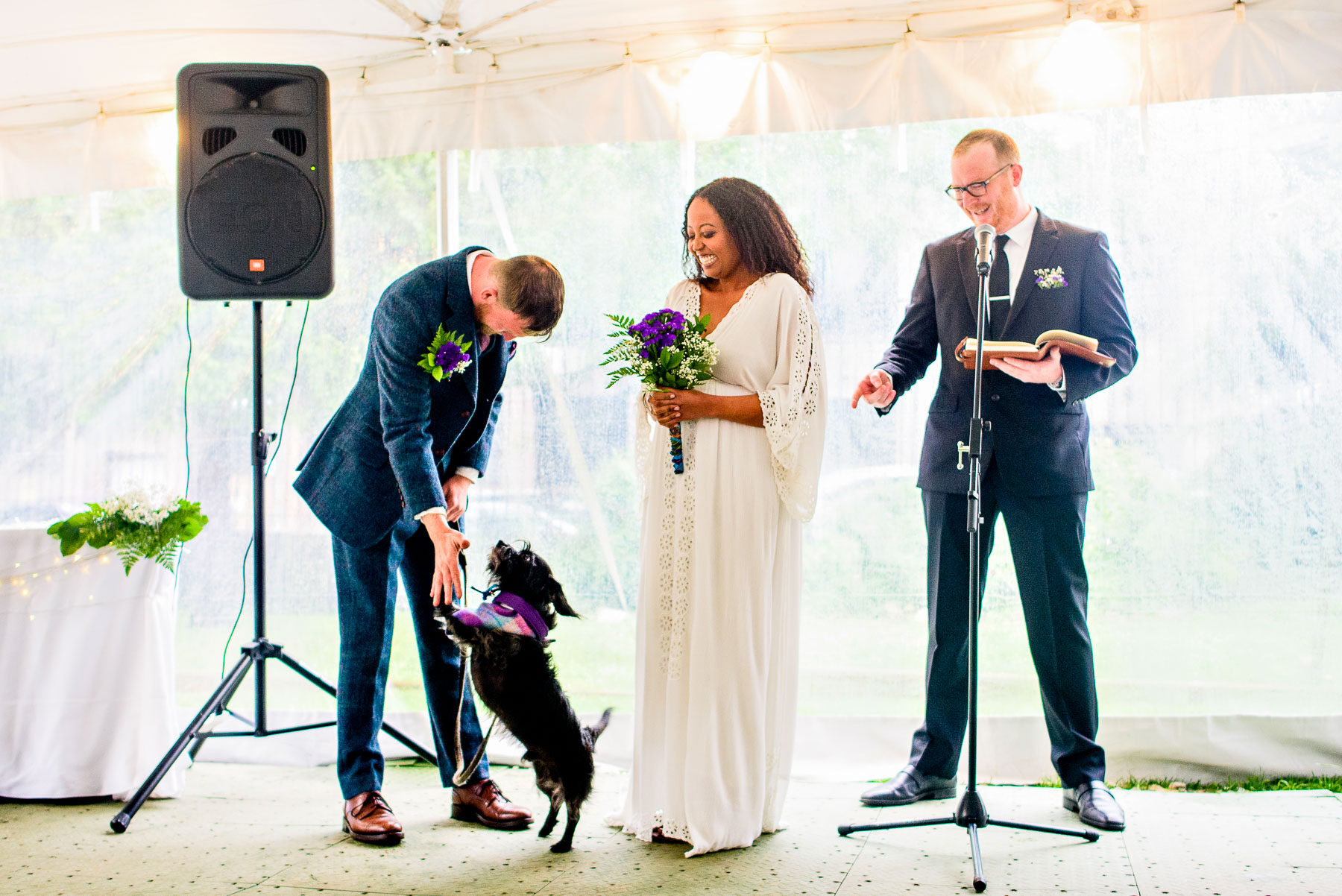 Onderdonk House Wedding  groom high fives his dog ceremony