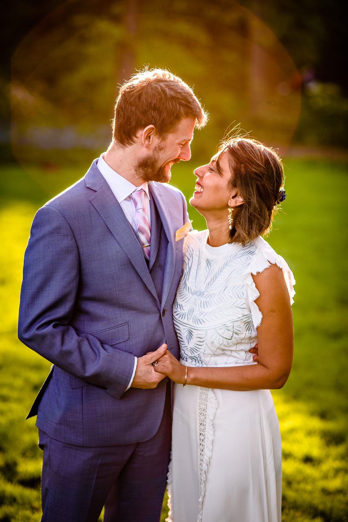 Central Park NYC Wedding bride and groom portrait sun backlight