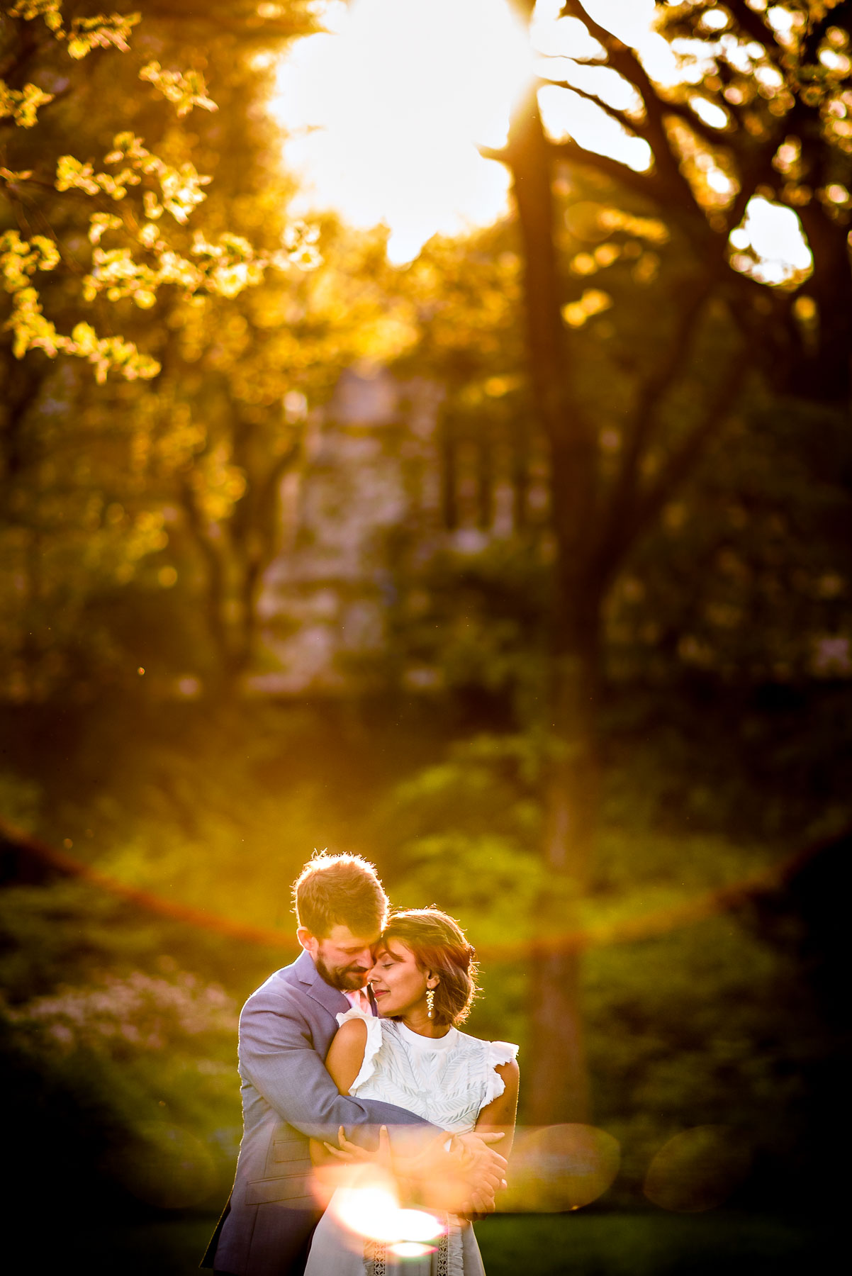 Central Park NYC Wedding bride and groom sunset backlight