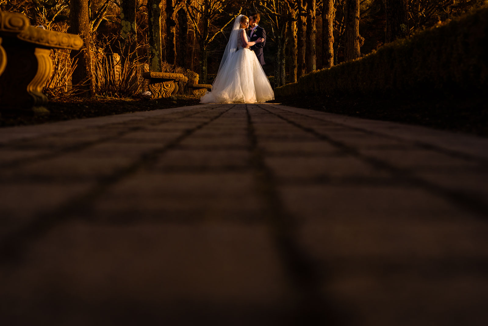 NYIT de Seversky Mansion Wedding bride and groom portrait at sun