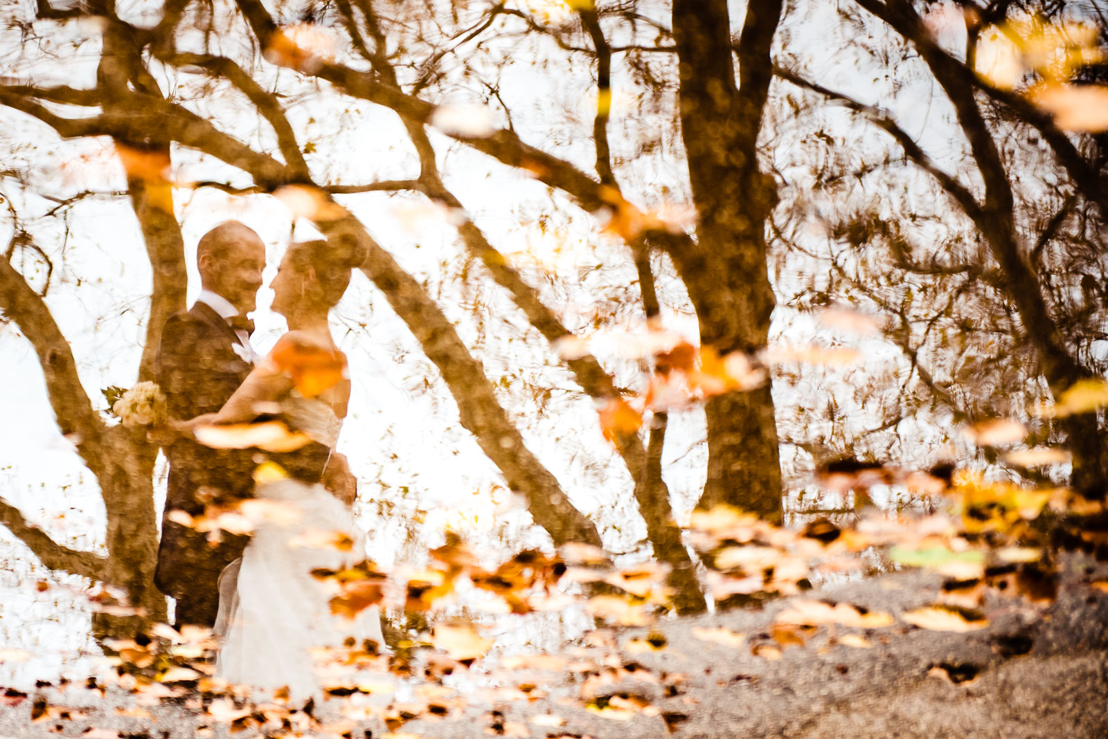 Bride's and groom puddle reflection portrait