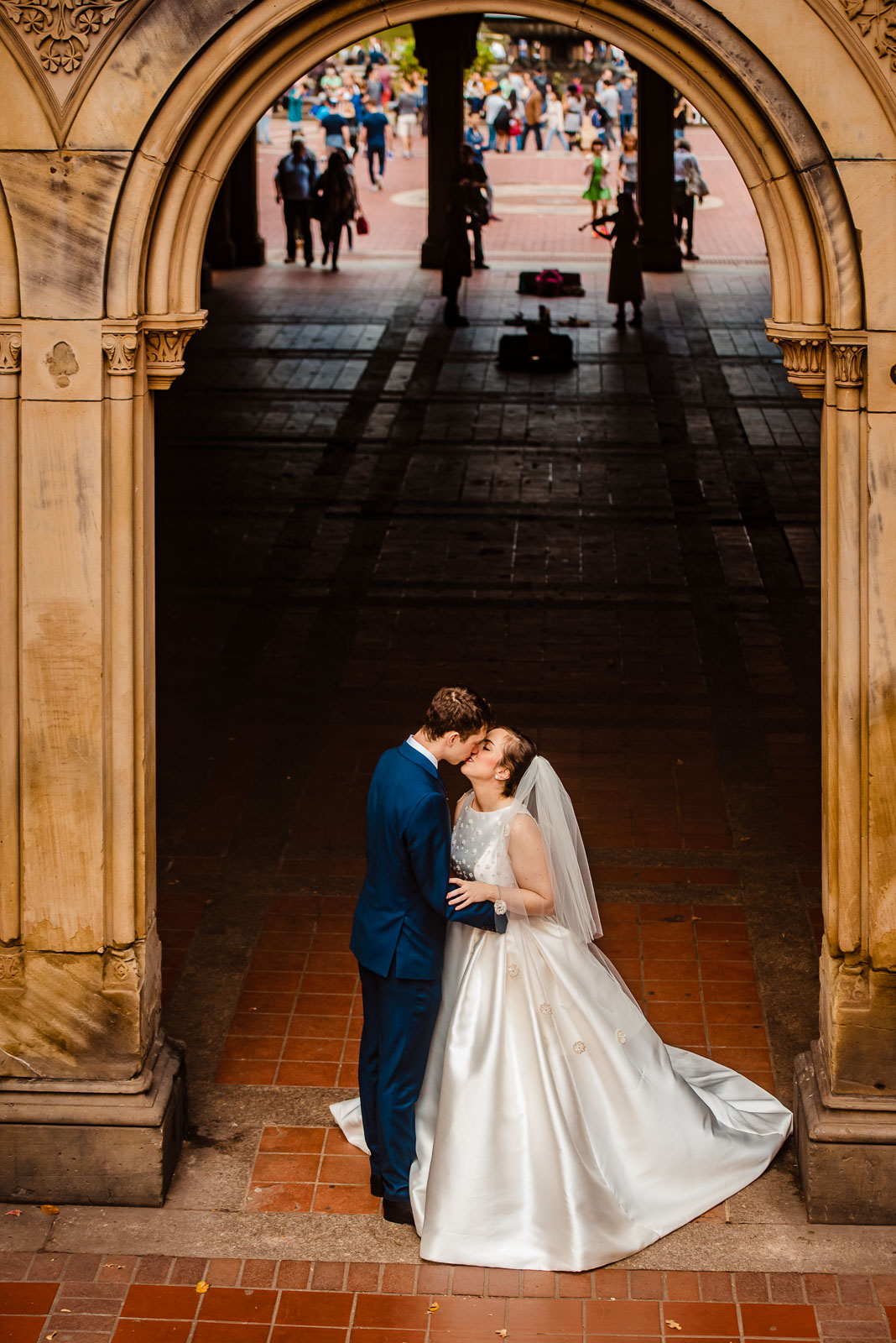 Bride and groom portrait at Bethesda Terrace 