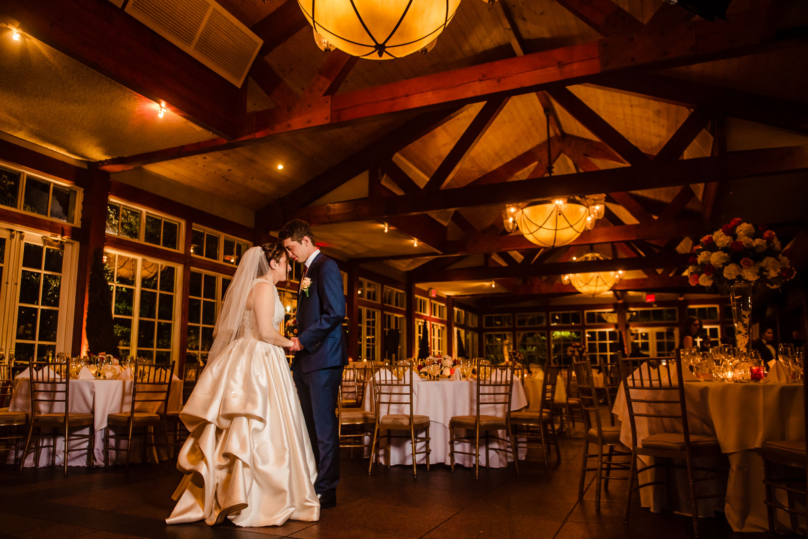 Bride and groom portrait in ballroom