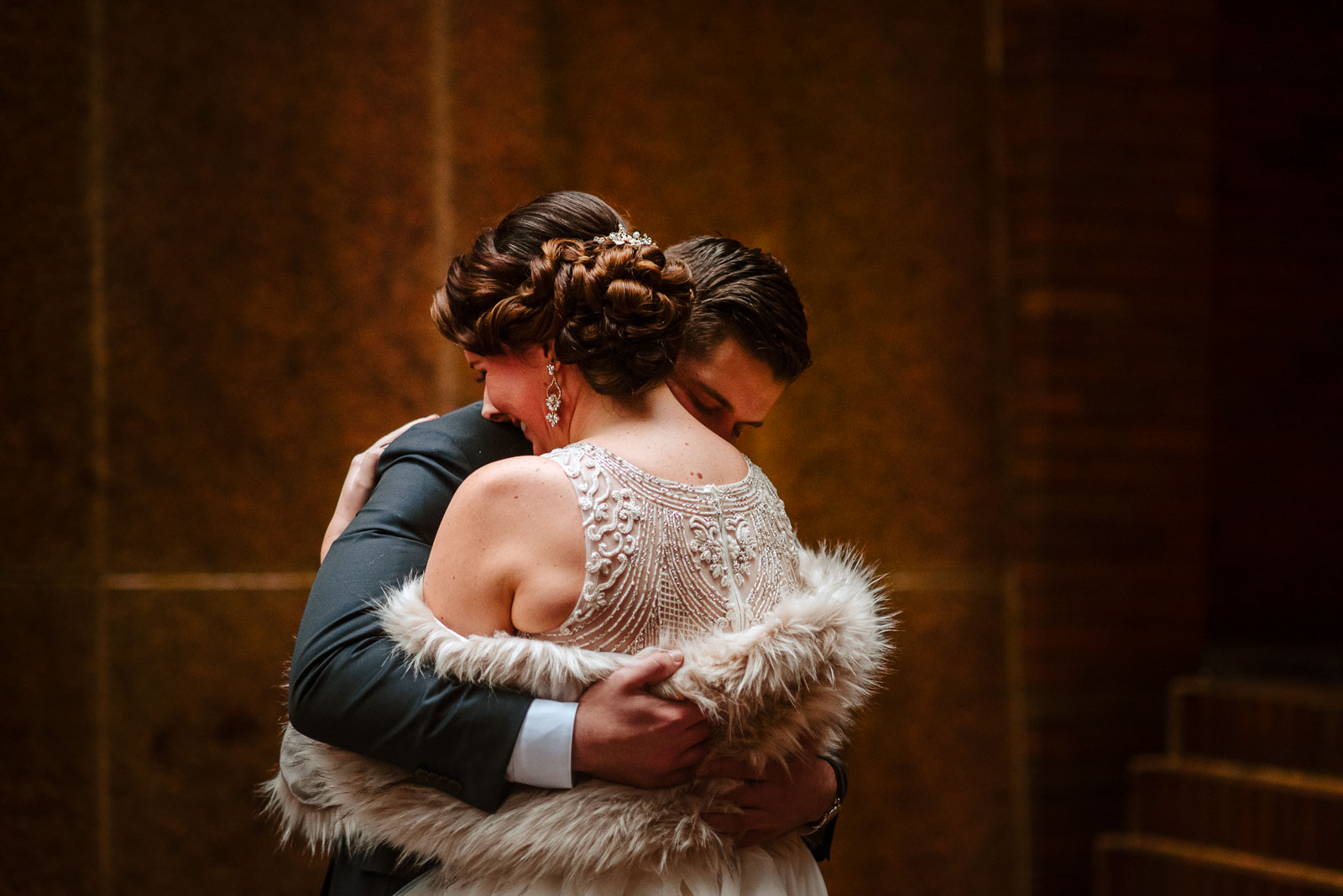 Bride and groom hug after first look