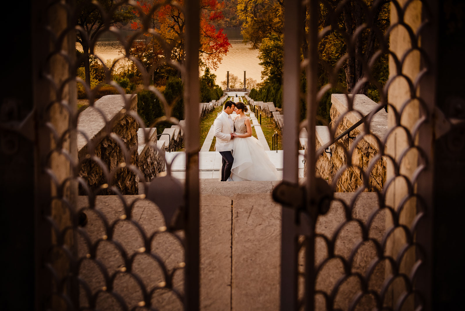Bride and groom portrait in park