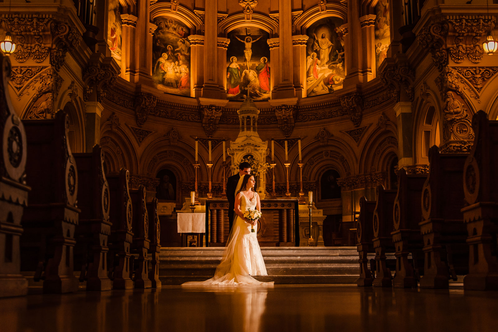 Bride and groom portrait in church