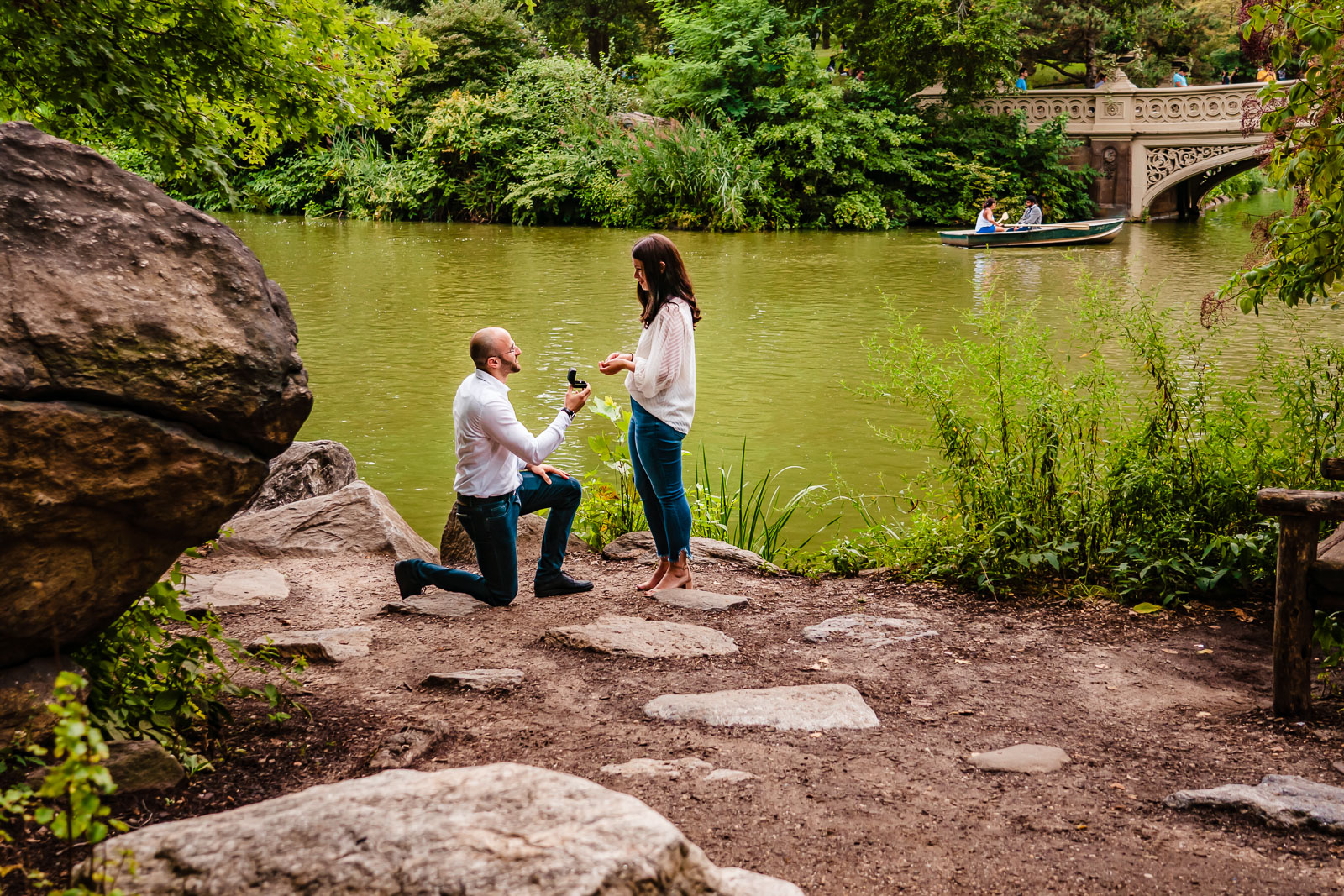 Wedding proposal new Bow Bridge in Central Park  