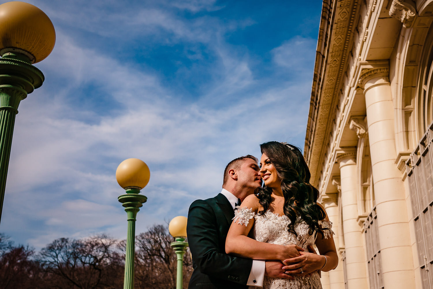 Bride and groom portrait at Brooklyn boathouse at Prospect Park