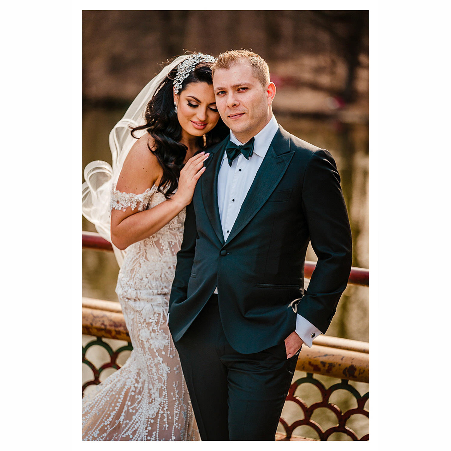 Bride and groom portrait on a bridge at Prospect Park