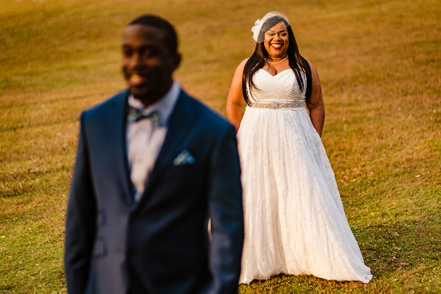 Bride approaches for the first look at Morgan Memorial Park 