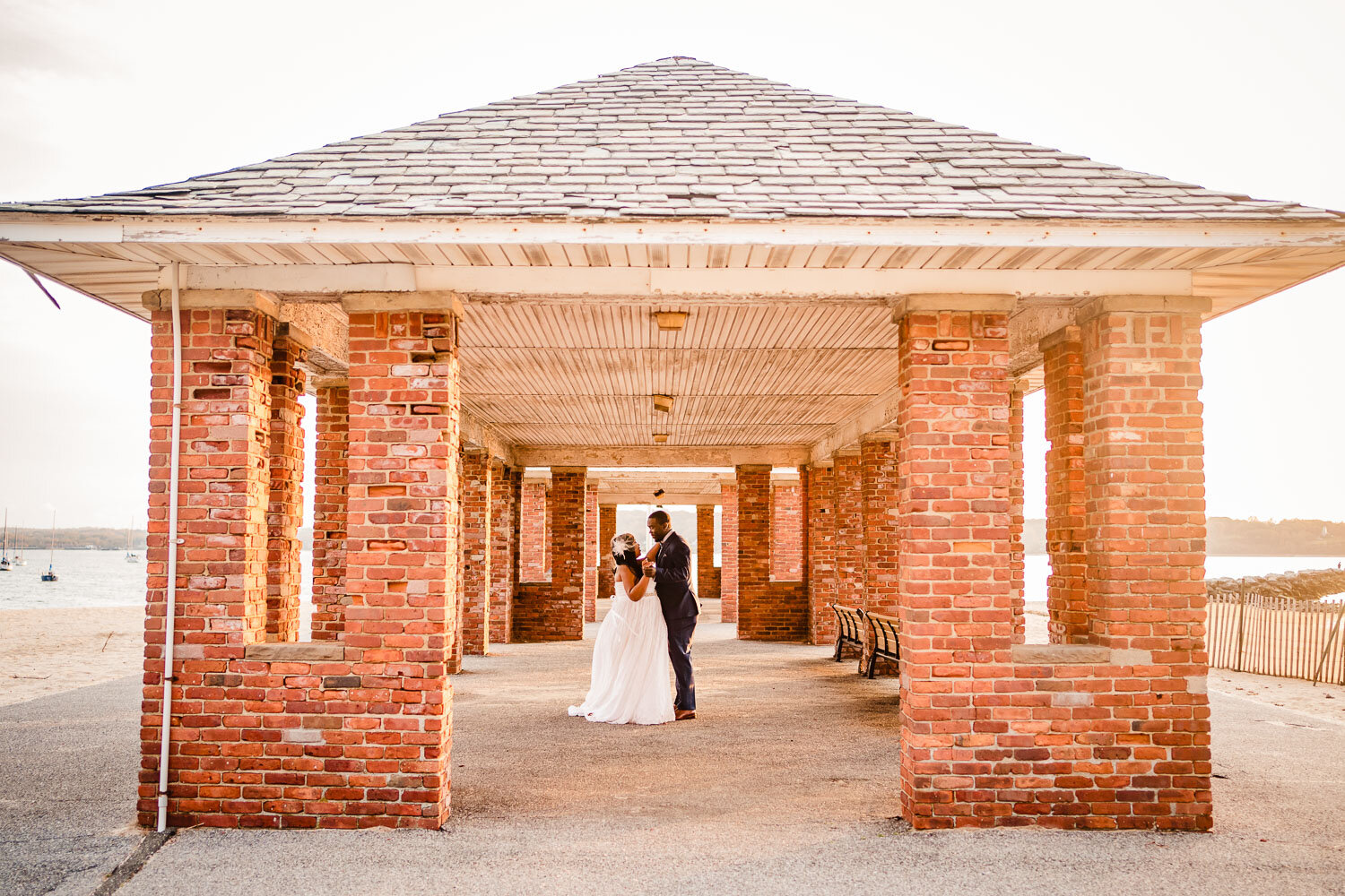 Bride and groom dance in Morgan Memorial Park in Glen Cove 