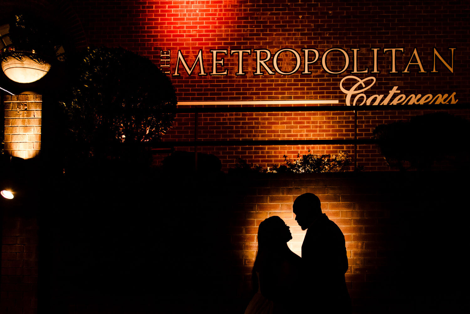 Bride and groom night portrait at The Metropolitan Caterers in Glen Cove 