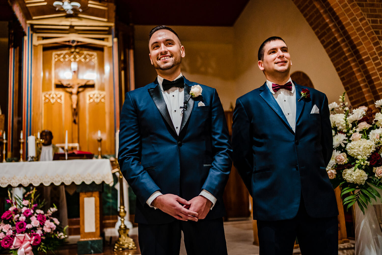 Groom reacts after seeing bride for the first time at St. Margar