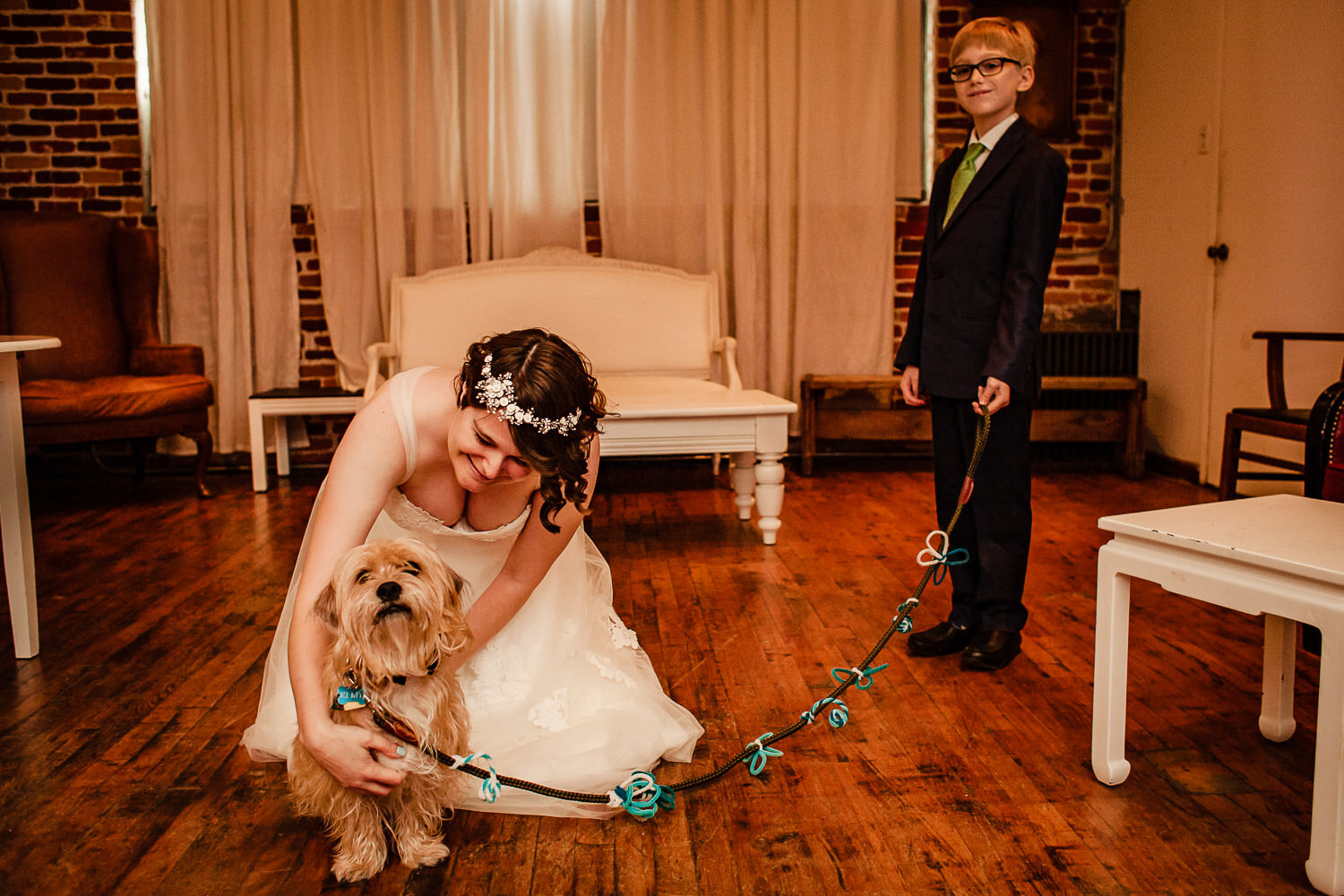 Bride with her dog before ceremony at Aurora Gallery in Long Island City