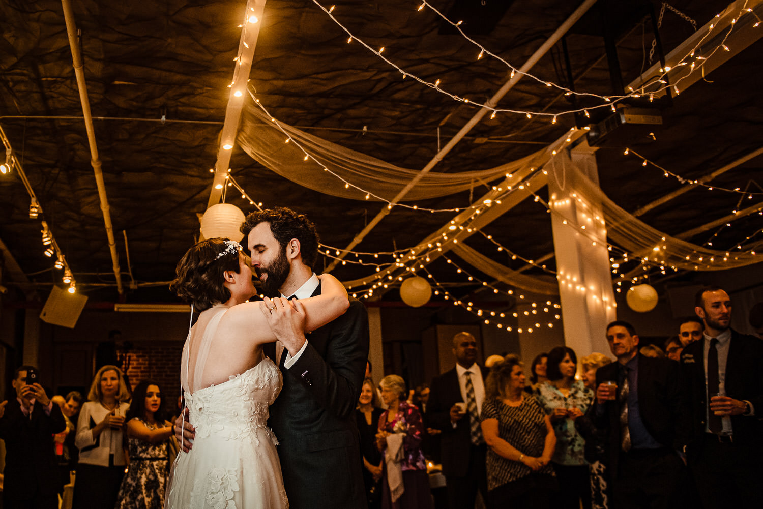 Bride and groom first dance during reaction at Aurora Gallery in Long Island City