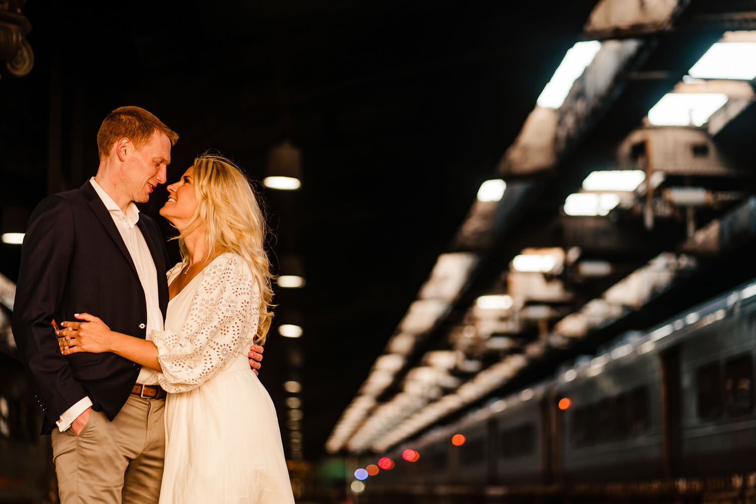 Couple's portrait at Hoboken train station