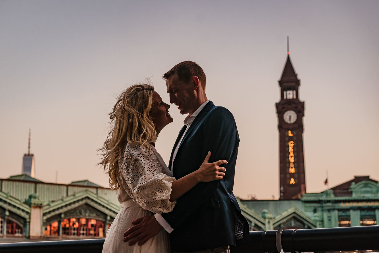 Couple's portrait outside Hoboken train station