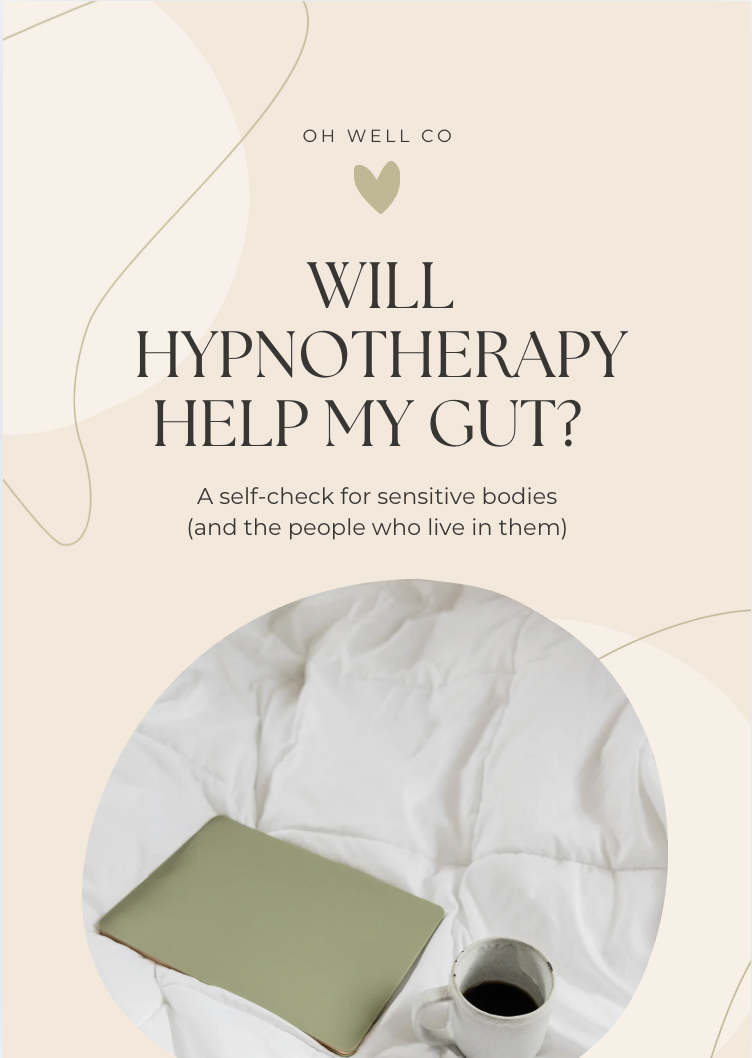 A promotional flyer from Oh Well Co about hypnotherapy and gut health. It features a beige background with minimalist design, a heart icon, and a circular photo of a closed laptop and a mug of coffee on white bedding.