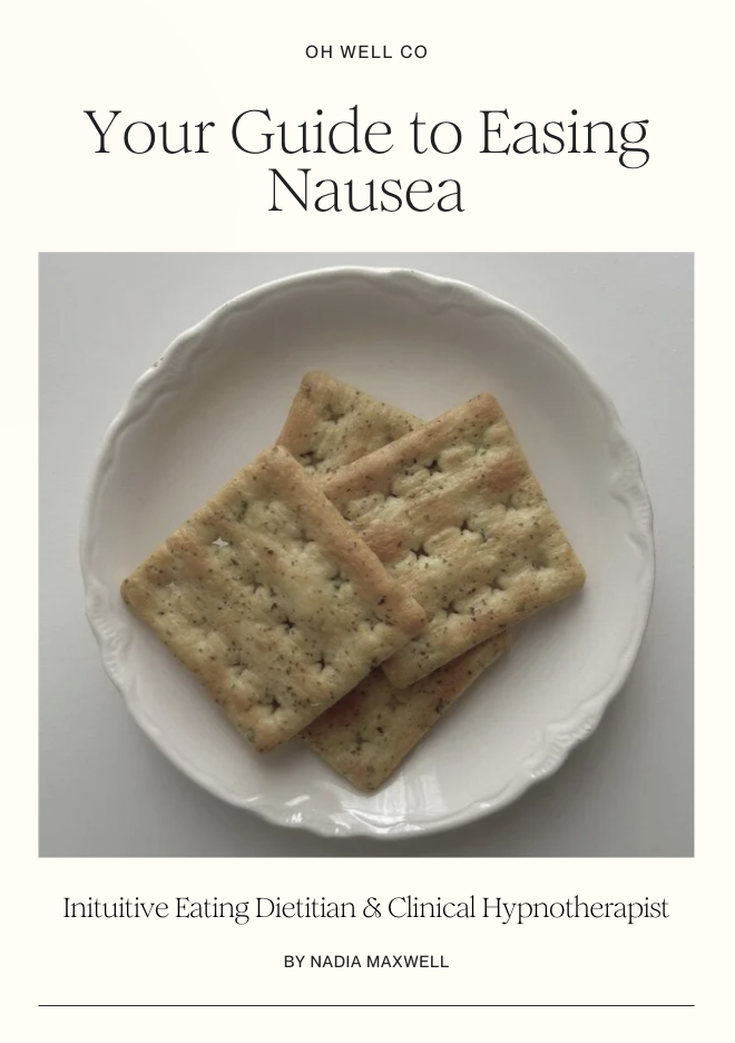 Title page of a guide to easing nausea featuring a white plate of saltine crackers.