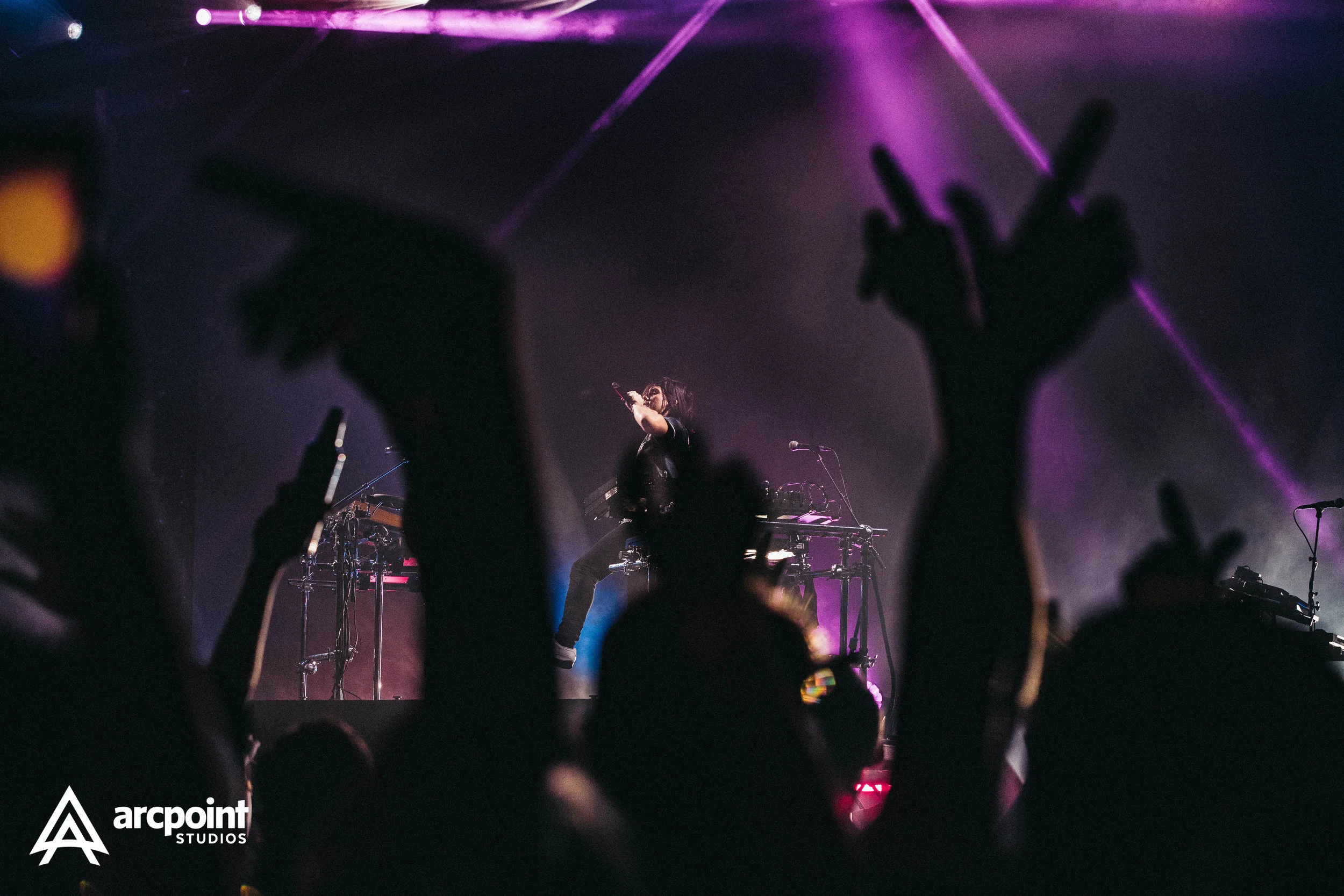 A performer on stage at a concert with purple and pink lighting, with an audience raising their hands. The scene includes musical equipment and a logo of Arcpoint Studios in the bottom left corner.