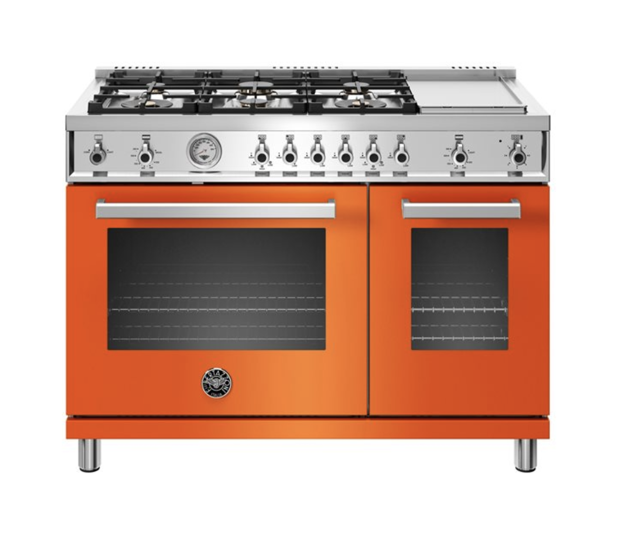 bertazzoni’s 48” all-gas range offers different colored panels such as black, white, yellow, orange, and red to liven up your space