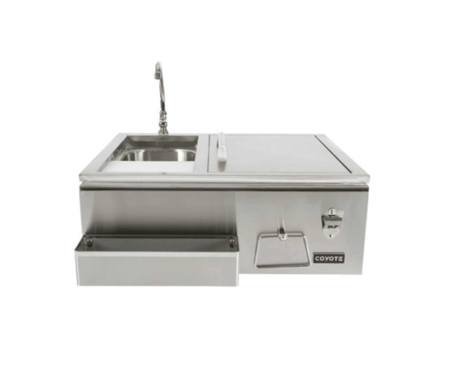 all-in-one sink by coyote. equipped with a cooler and shelf.