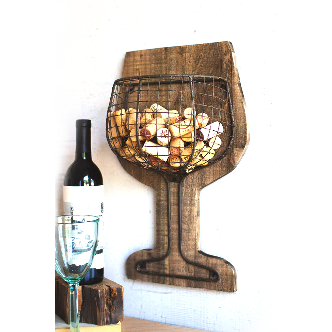 Kalalou Wood and Wire Wine Wall Wine Cork Holder