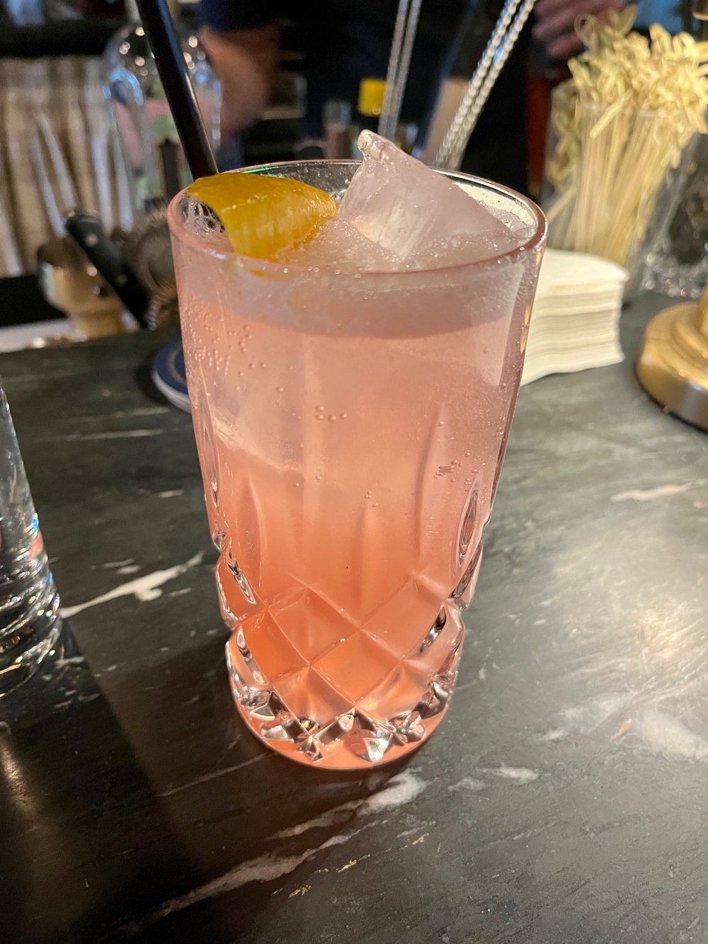  Greg crafted me a cocktail of strawberry sage shrub and rhubarb liqueur. Delicious! 