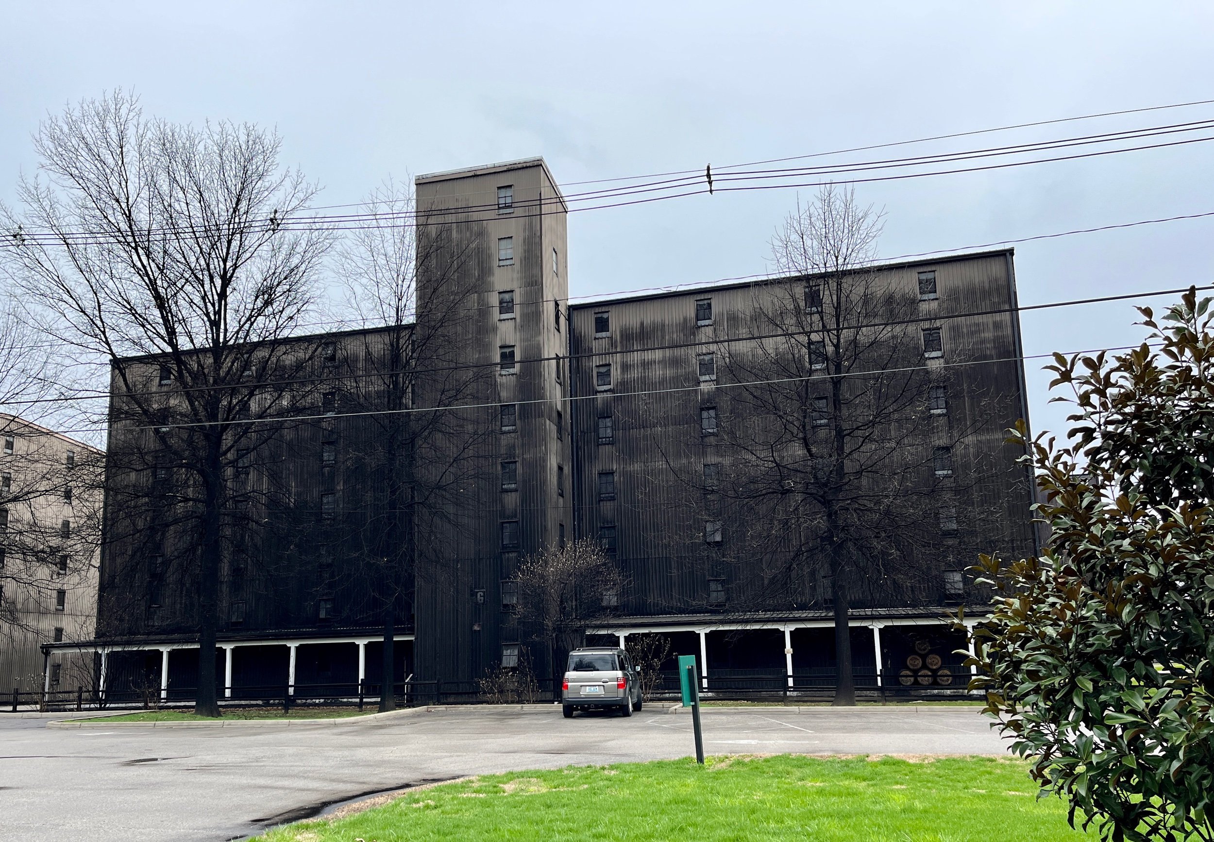  The building is covered in a black fungus that grows in the vicinity of distilleries. Nicknamed the tattletale fungus, it was easy for law enforcement to find illegal alcohol production during Prohibition. 