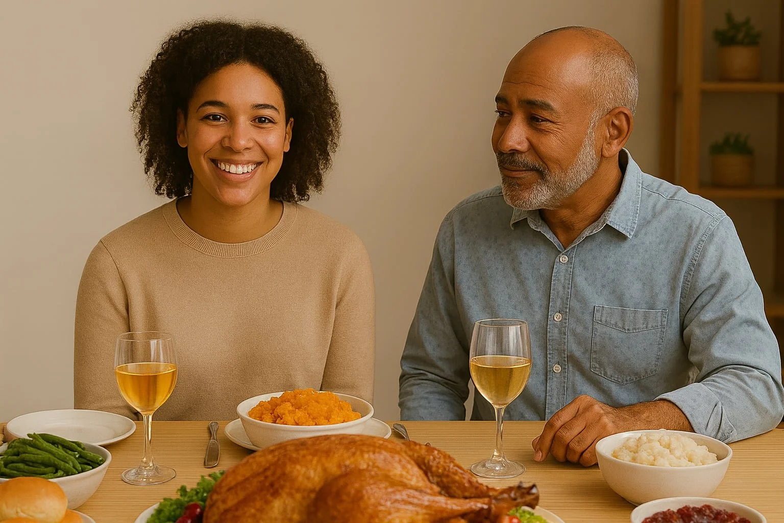 dad with adult daughter at dinner table