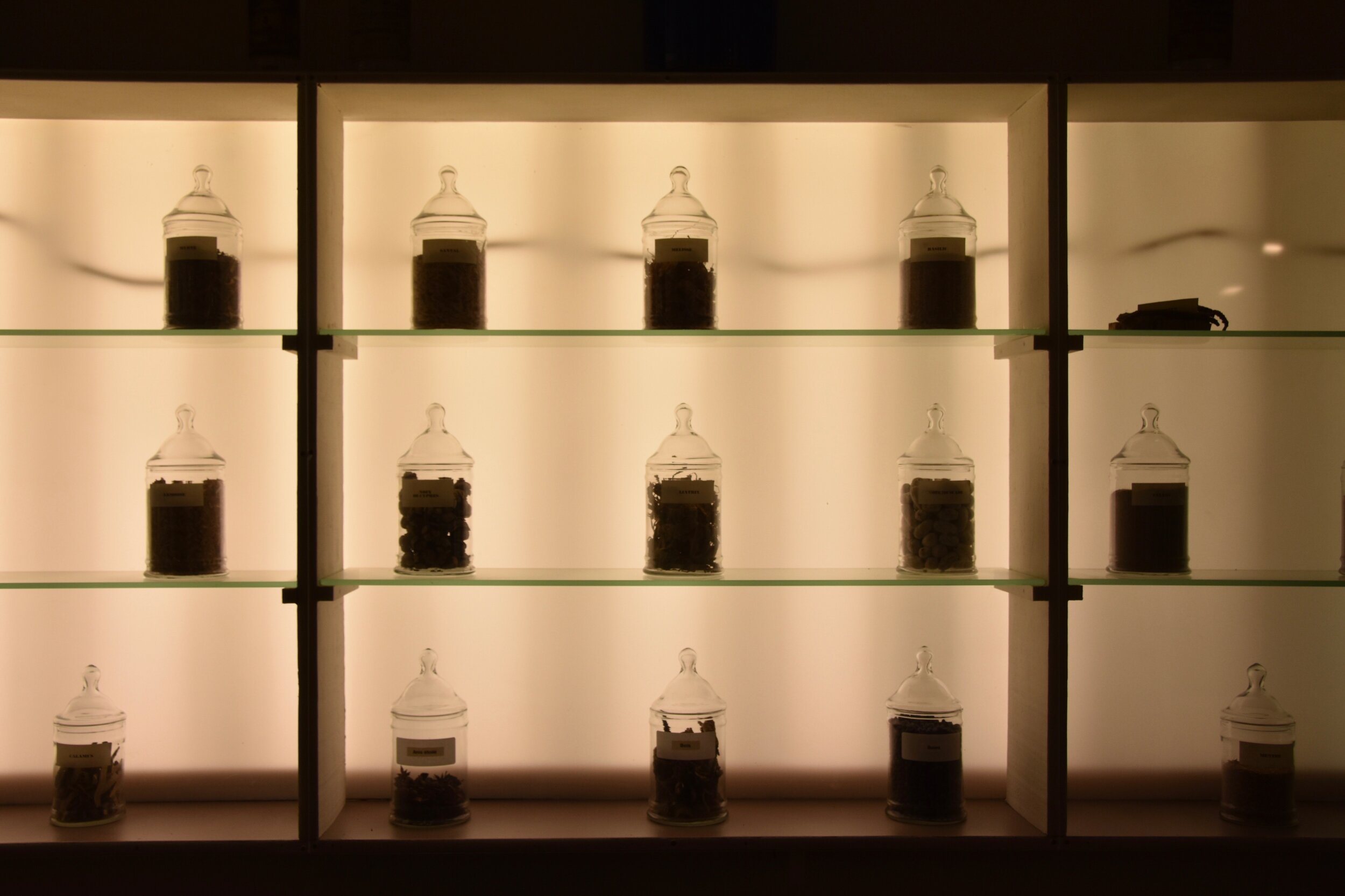 Perfume ingredient jars at Parfumerie Galimard in Eze, France (January 8, 2020)