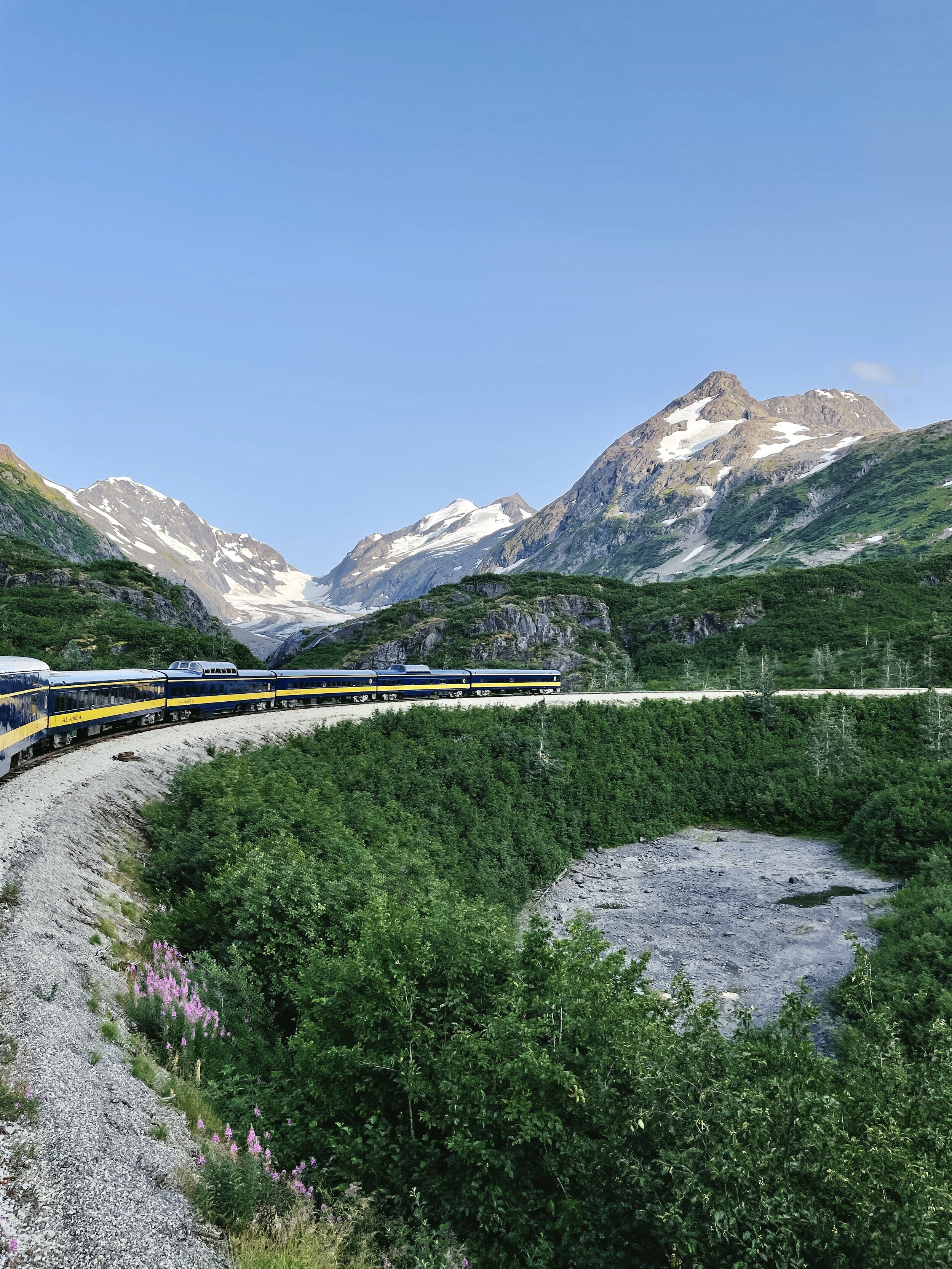Train back to Anchorage from Seward with Exit Glacier in the background (August 14, 2021)