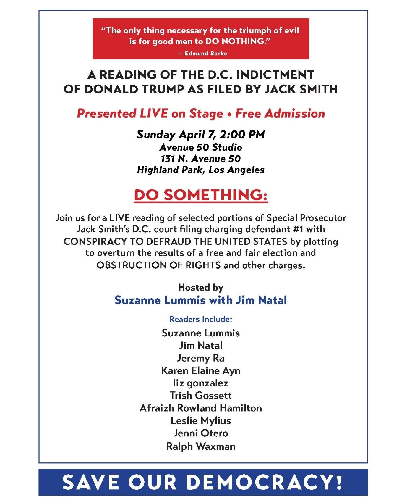 This Sunday (4/7) 2 pm at Avenue 50 Studio, in person reading of the shortened version of Jack Smith's DC indictment. Performing this has never felt more timely. Hope to see you there!! #poetry #poetryla #poetryreading