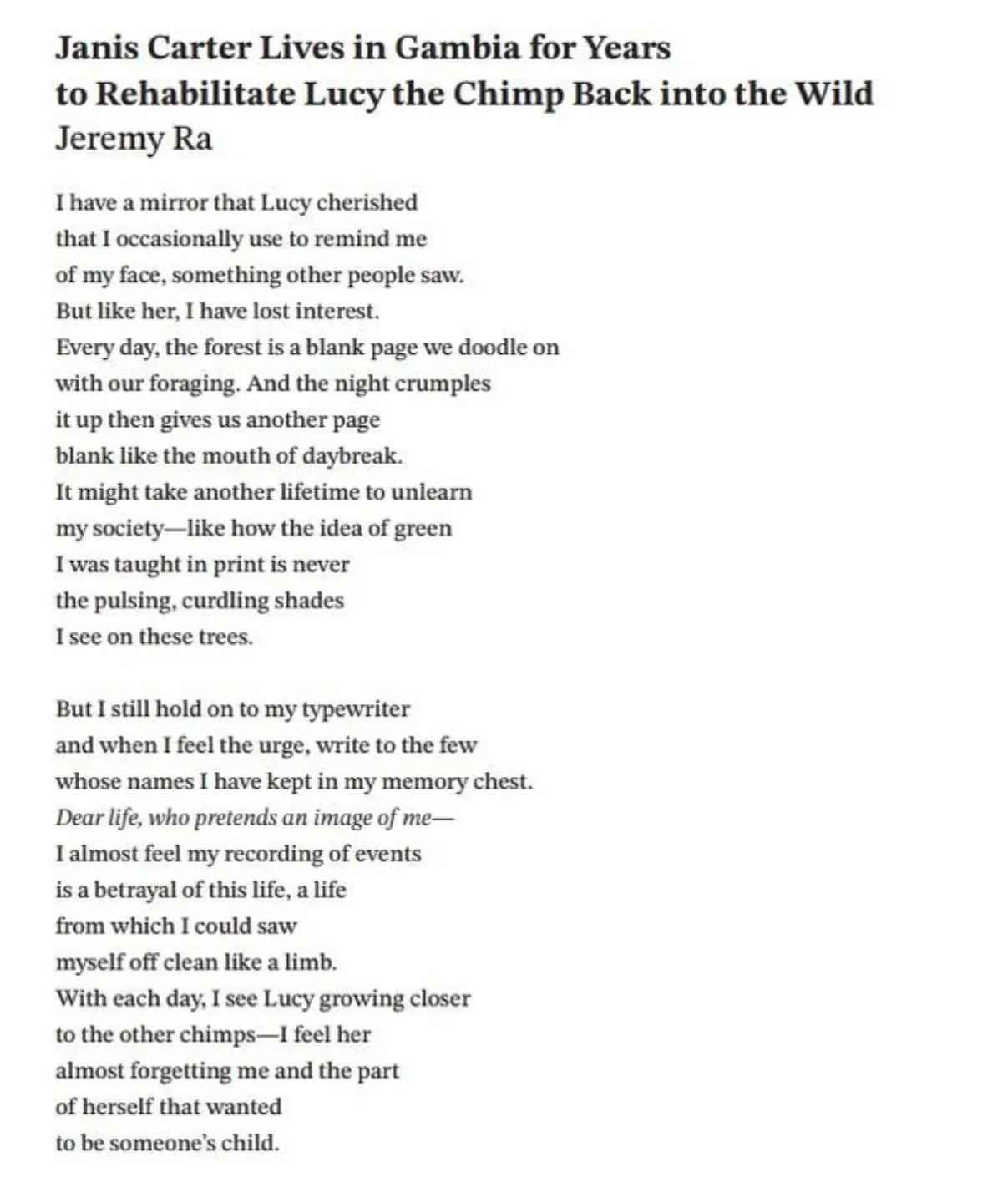 Honored to have a poem in Los Angeles Review of Books! This became unintentionally timely with the recent passing of Jane Goodall.

@lareviewofbooks &quot;Every day, the forest is a blank page we doodle on / with our foraging. And the night crumples 