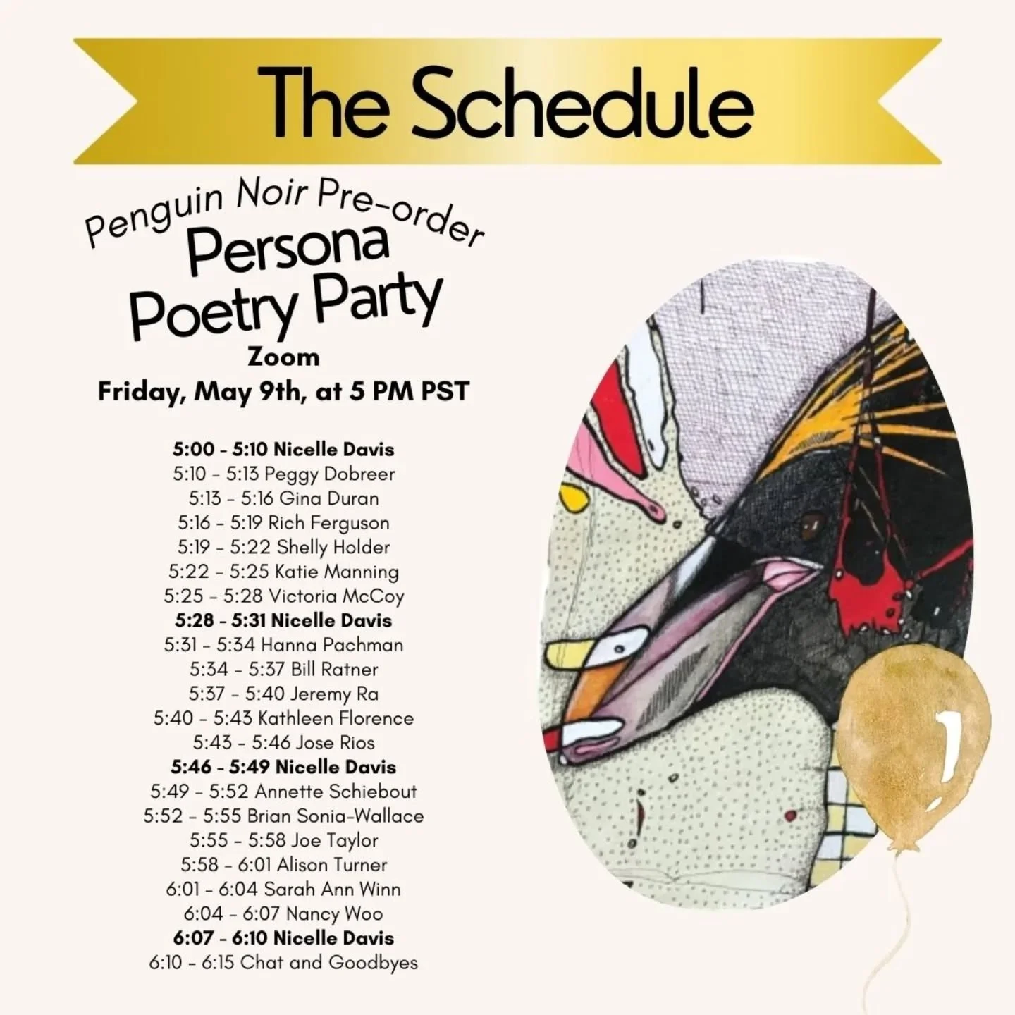 So excited for the launch of @nicelle_davis 's new book Penguin Noir! To celebrate, each poet in this fantastic lineup will be reading an original persona poem. 

Please register on Eventbrite for tickets and Zoom info!
