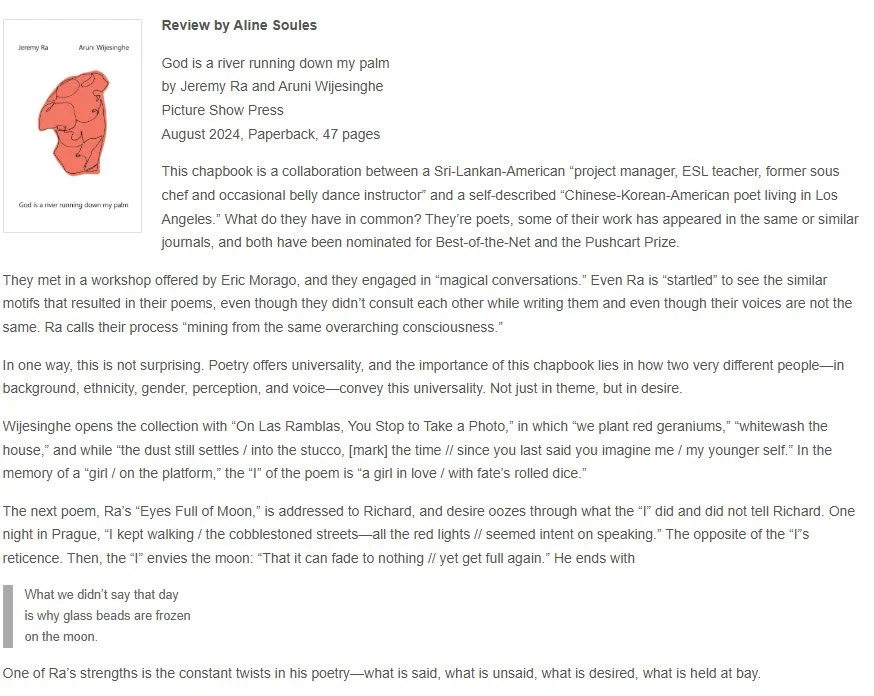 So grateful for this review of @aruniwrites and my chapbook by Aline Soules!!

What a nice way to emerge from hermitage. 

Link in bio.