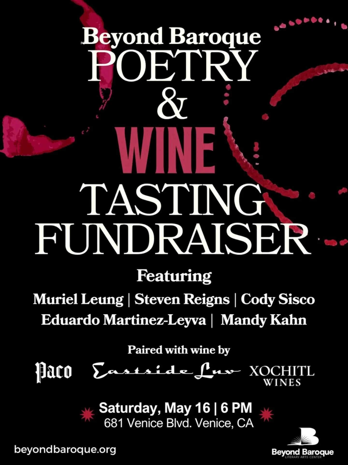 What an amazing lineup for @bblitarts 's Poetry &amp; Wine Tasting Fundraiser! Hope to see you there!

Tickets can be purchased on Eventbrite.

https://www.eventbrite.com/e/poetry-wine-tasting-a-fundraiser-for-beyond-baroque-tickets-1987108373637