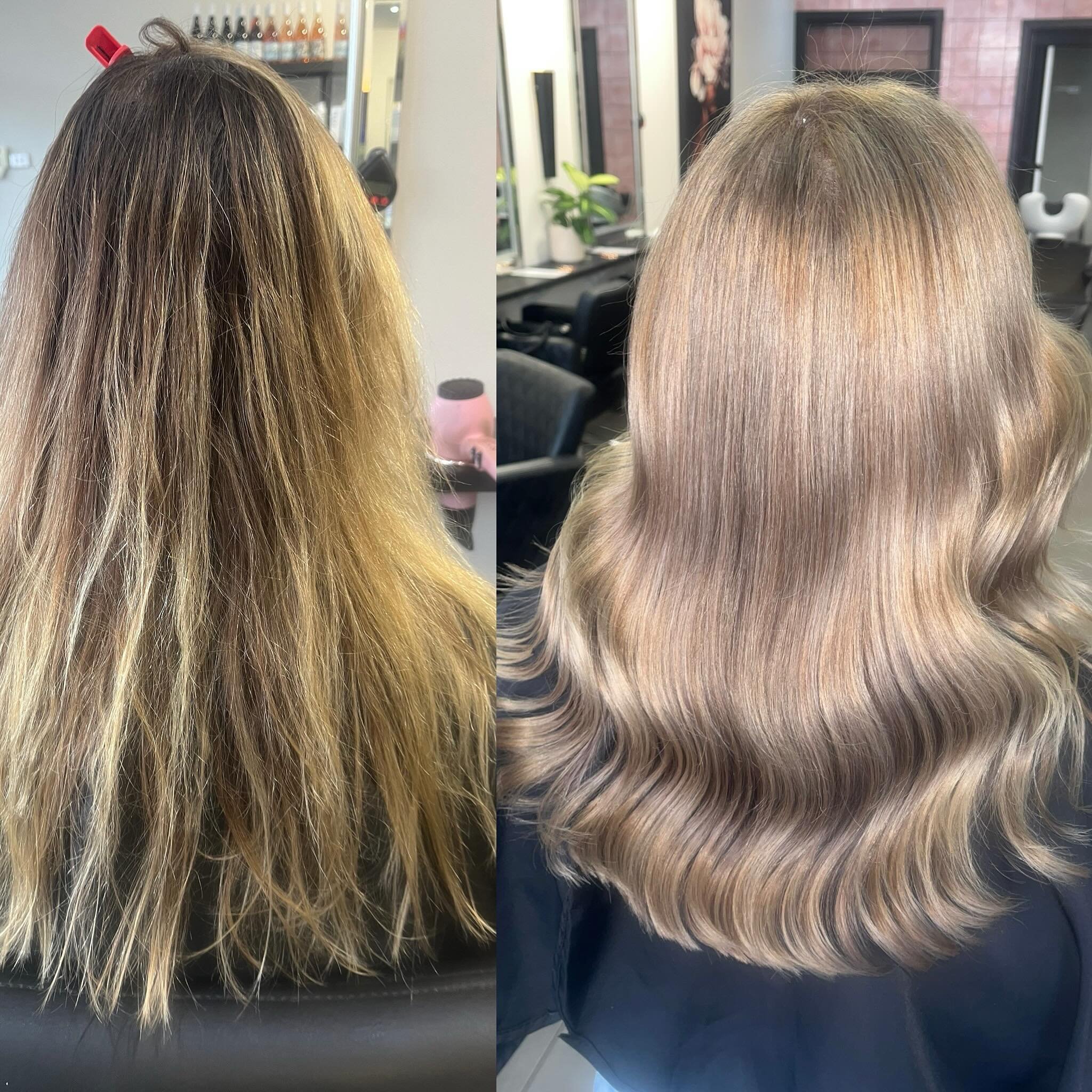 Dull and overgrown to shiny and pearlescent we used @pravana.australia @evolvehairconcepts to create this look we did fine weave back to back foils using ultra lightener and 20 vol on roots toned with 20g beige 20g sand 5g violet express tones hair b