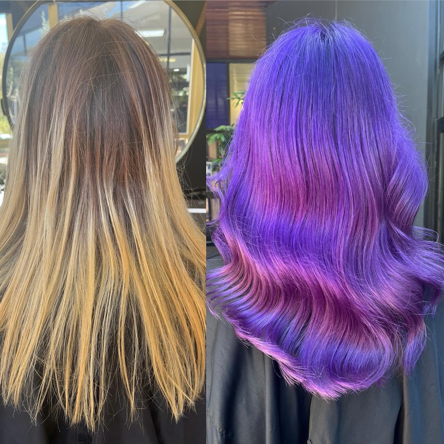 Wow wow wow what a difference!! This beautiful look on our client Alex. We used @mukhaircare_professional @mukhaircare_global ultra lightener and 20vol for the new growth rinsed then deep purple on roots then 4/5
Pastel pink 1/5 deep purple for the e