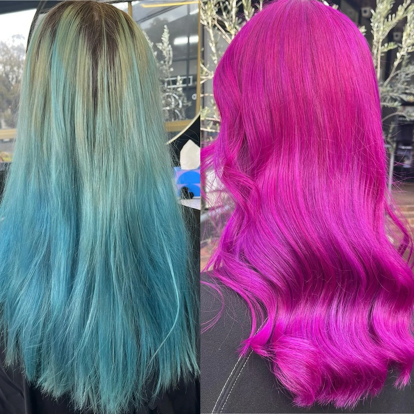 This green to pink transformation is crazy!!!! Using @mukhaircare_professional @mukhaircare_global we used hybrid lightener and 20vol on regrowth, rinsed then fuchsia pink and few drops of deep purple on the roots, fuchsia pink on the ends. #muk #muk