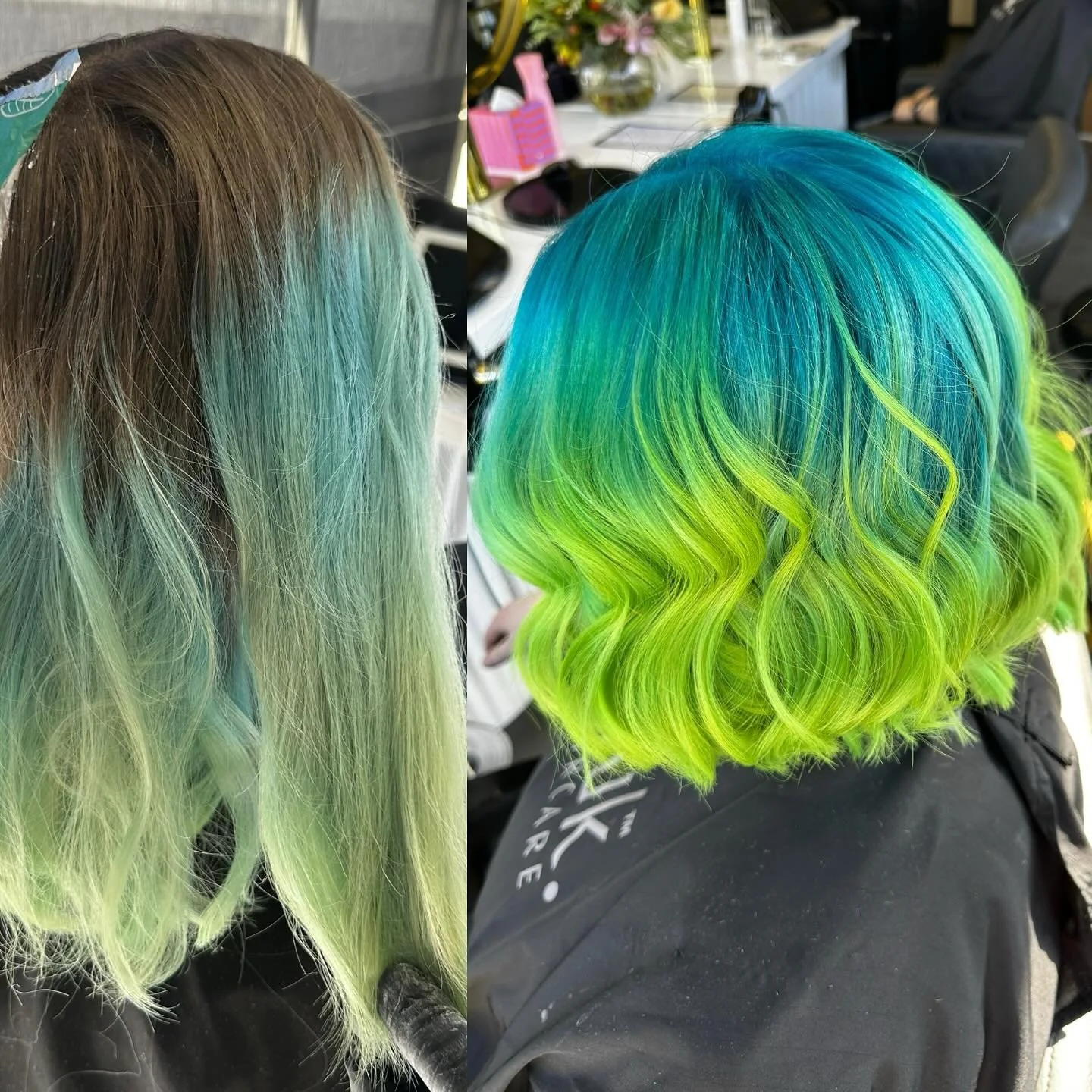 Wow wow wow 😮 this epic colour done by none other than our colour queen @hairbytavia___ using of course the best @mukhaircare_global @mukhaircare_professional hybrid lightener and 20vol rinsed then sea blue into apple green #muk #mukhaircare #colour