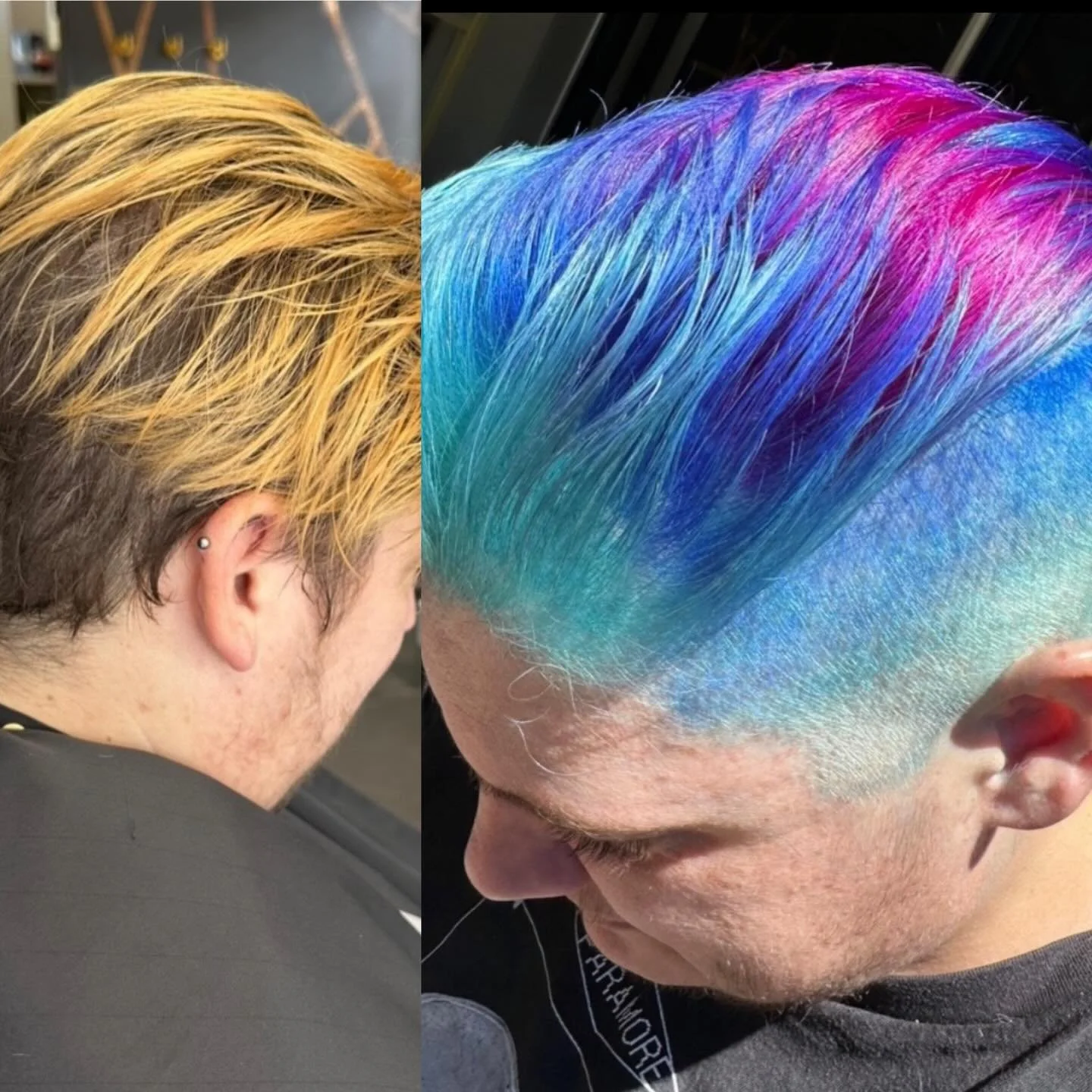 Gorgeous peacock colour on our client Phoenix 🐦&zwj;🔥 hair by @hairbytavia___ using of course @mukhaircare_professional @mukhaircare_global lightener and 20vol rinsed then sea blue, blue and fuschia pink all with clear #muk #mukhaircare #colourist 