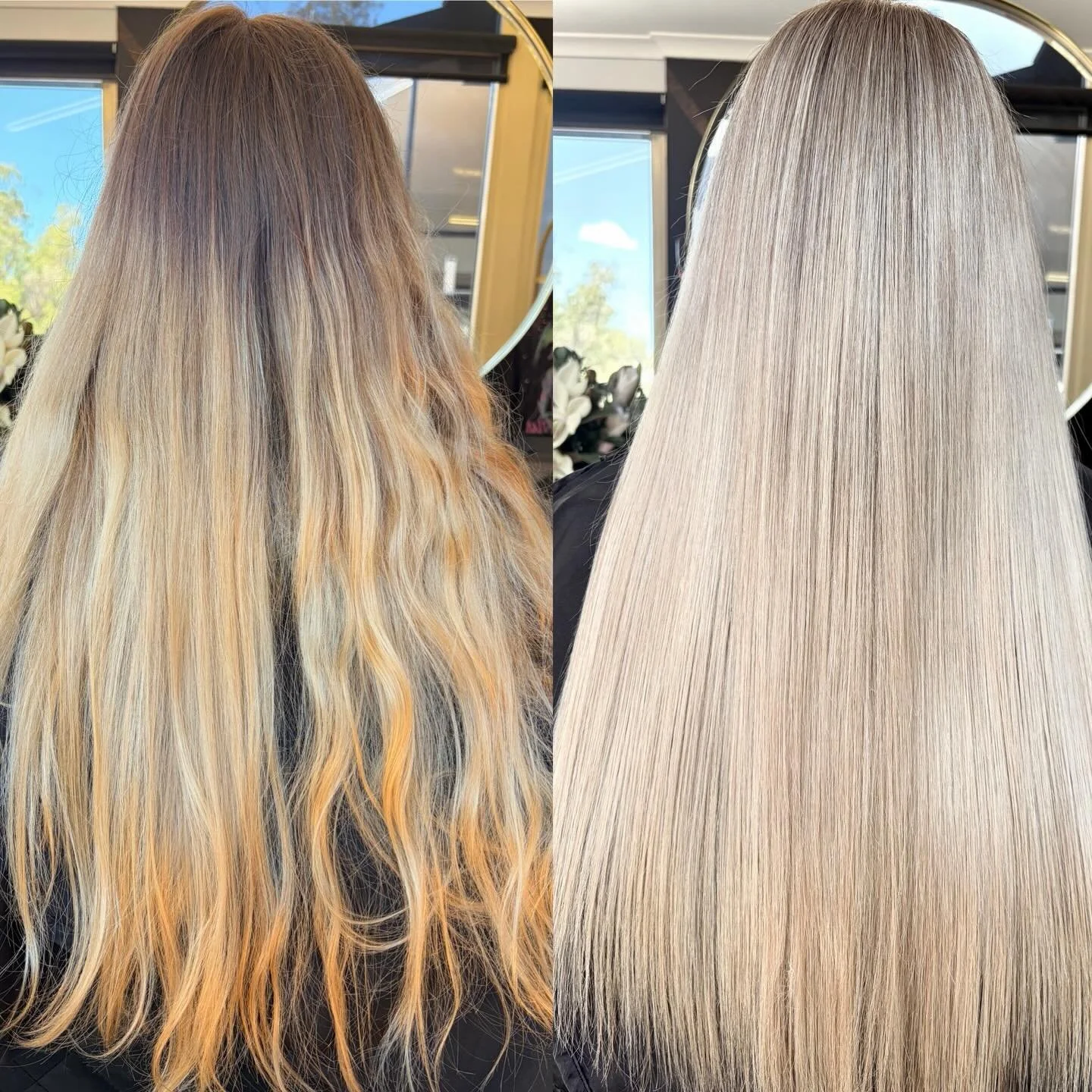 Brassy and grown out to seamless and creamy hair by @leslie_henshaw using @mukhaircare_global @mukhaircare_professional using lightener and 20vol toned with 7.01 on roots 10.22 on ends #muk #mukhaircare #colourist #colorist #haircolourist