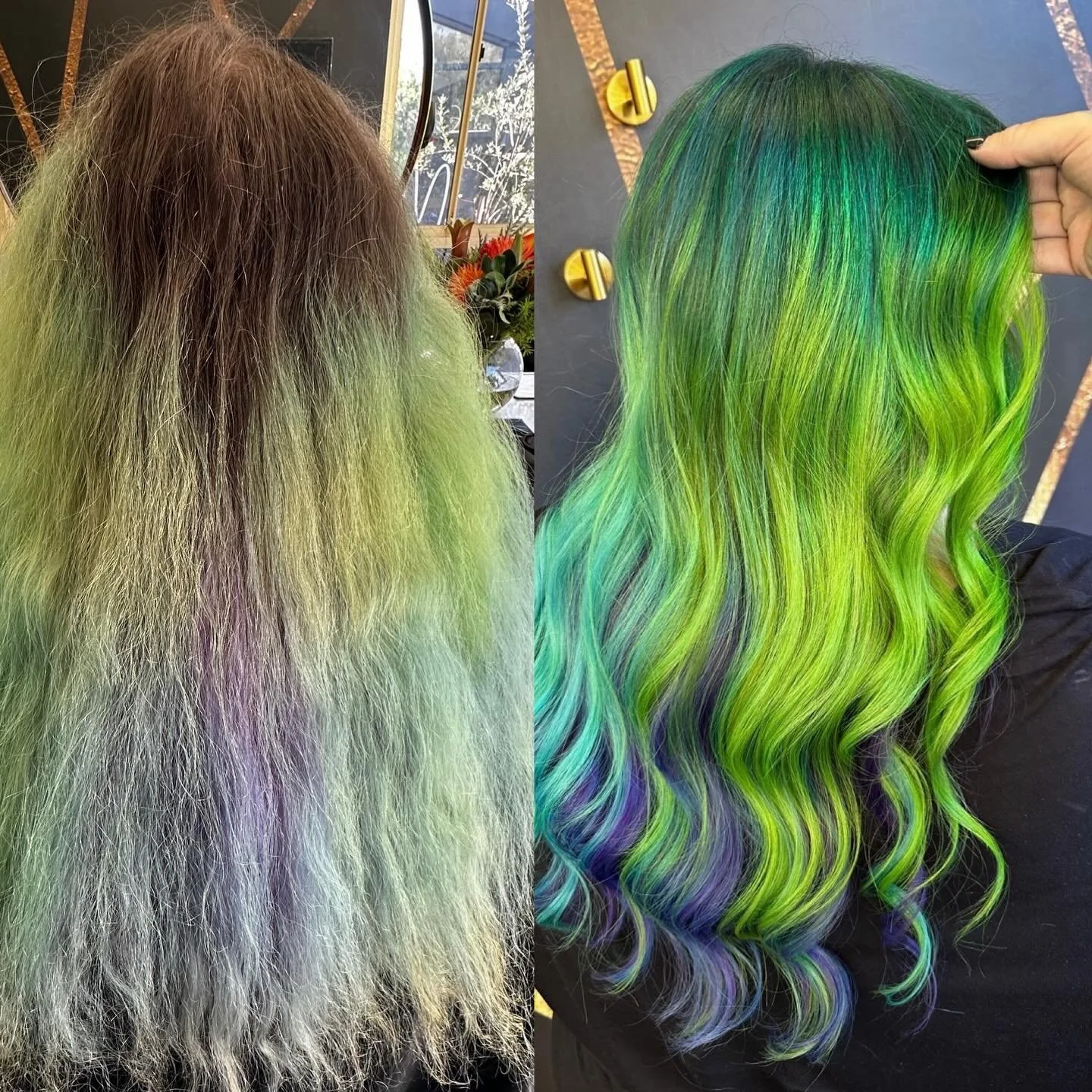 We are green with envy over this stunning multi-tonal look hair by @hairbytavia___ using @pravana.australia @pravana @evolvehairconcepts we used lightener and 20vol foils rinsed then green roots, neon green and violet ends #canberrasbestcolourist #ca
