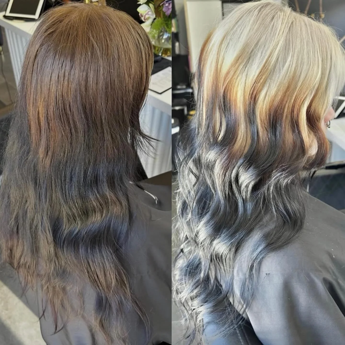 Ghost roots but make it grunge!! We love this awesome look by @hairbytavia___ using @mukhaircare_global @mukhaircare_professional lightener and 20vol roots and mids then toned with 1/2 10.22 1/4 9.1 1/4 10.1 hybrid 1n and hybrid on ends #muk #mukhair