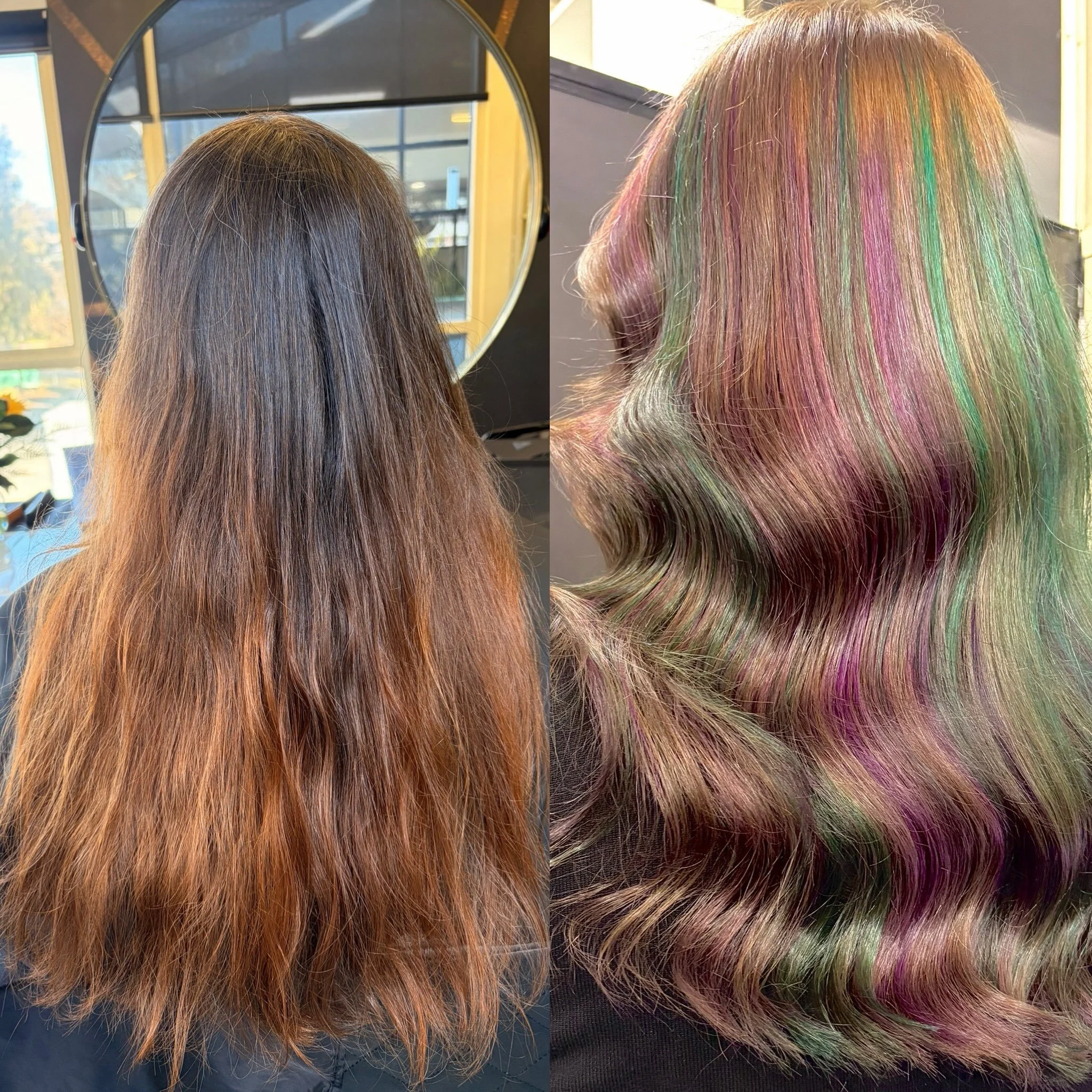 Aurora borealis hair 🌟 🌌 hair by @leslie_henshaw using @pravana.australia @evolvehairconcepts we used 7nta 7.1 20vol base power lightener and 20vol rinsed then violet and green vivids